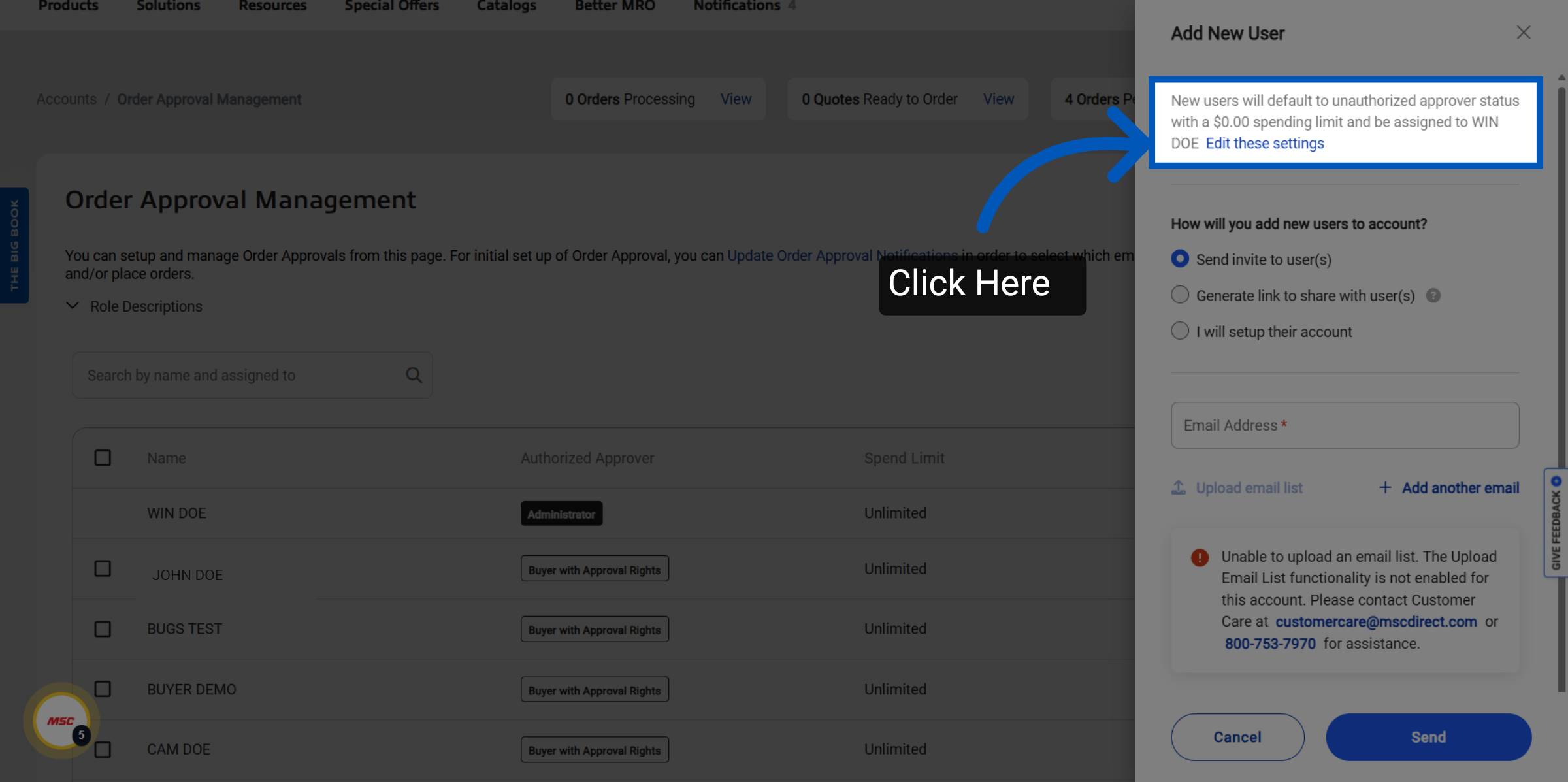 Order Approval Management page with an arrow pointing to Edit these settings link