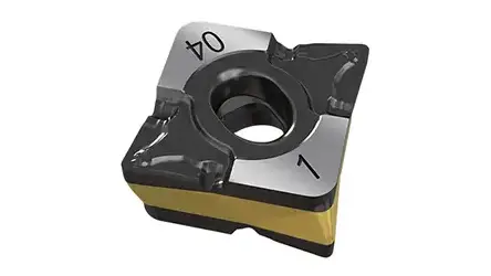 Black and gold square carbide cutting insert with central hole and geometric cutting edges on white background.