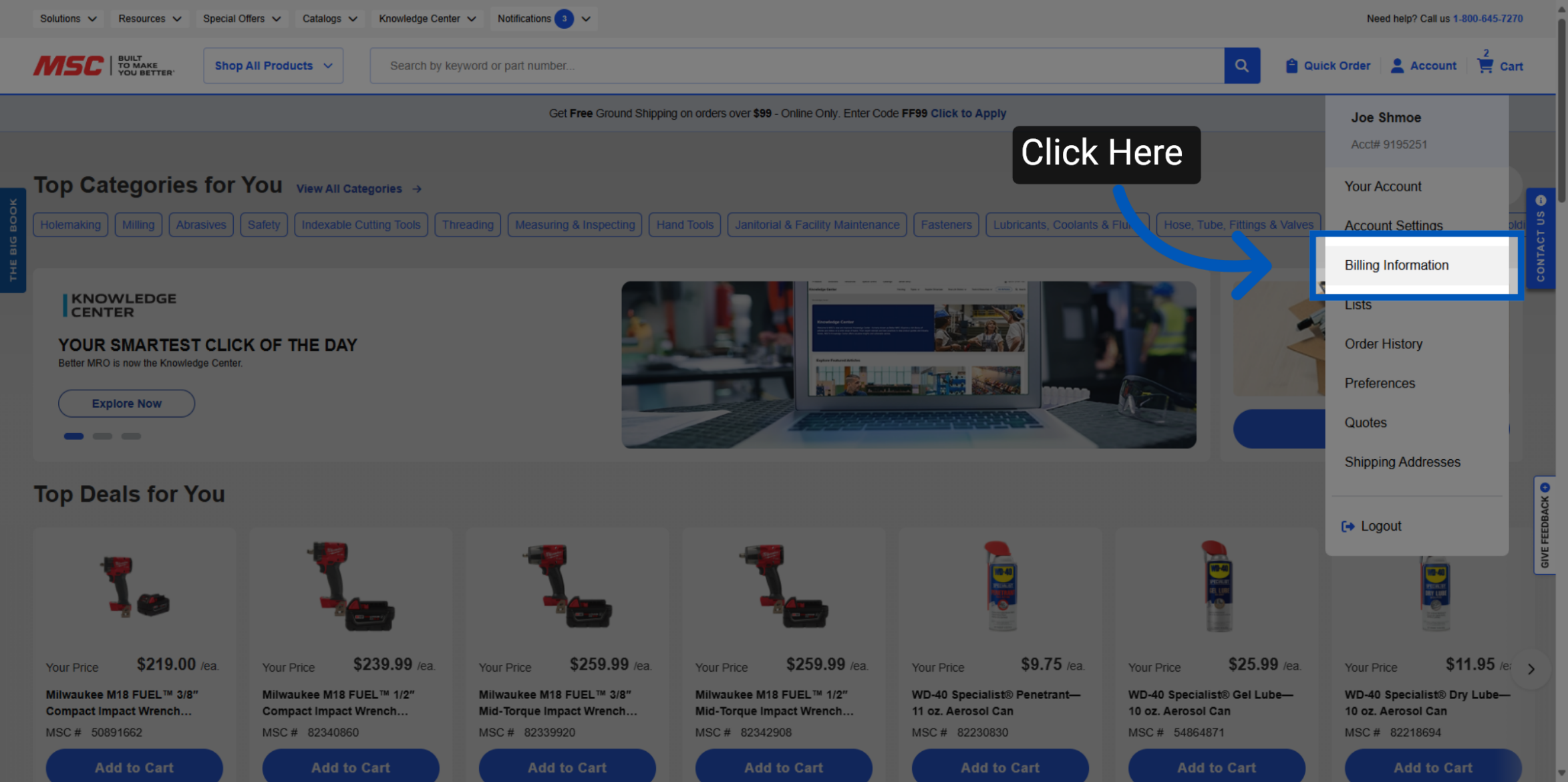 An arrow pointing to Billing Information on top of the account drop-down menu