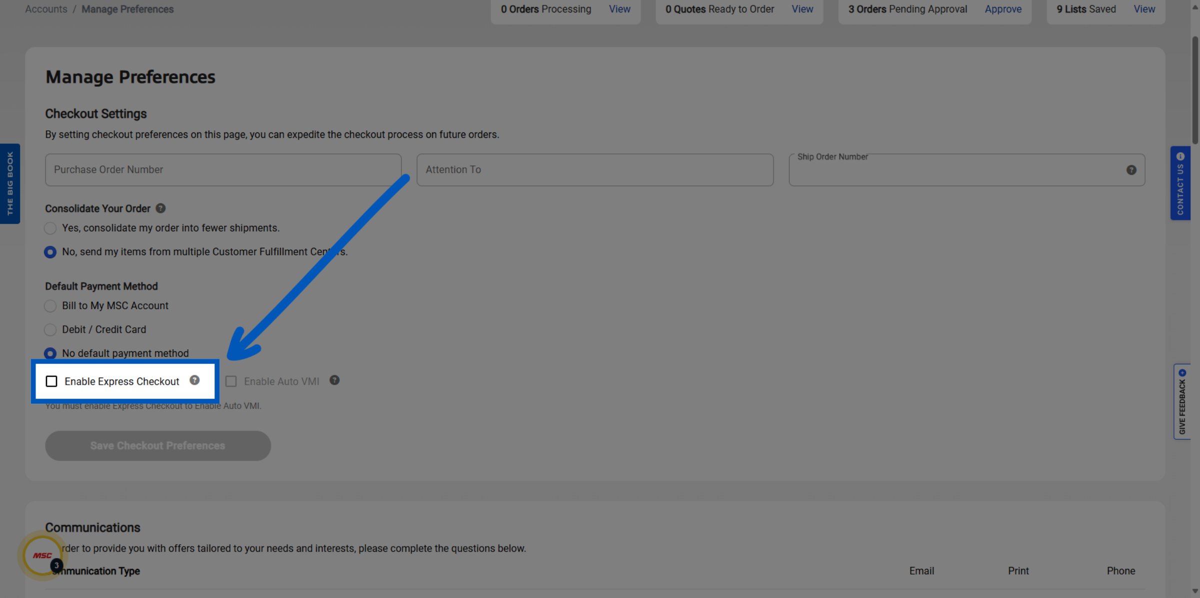 Blue arrow pointing to Enable Express Checkout checkbox on MSC checkout preferences page