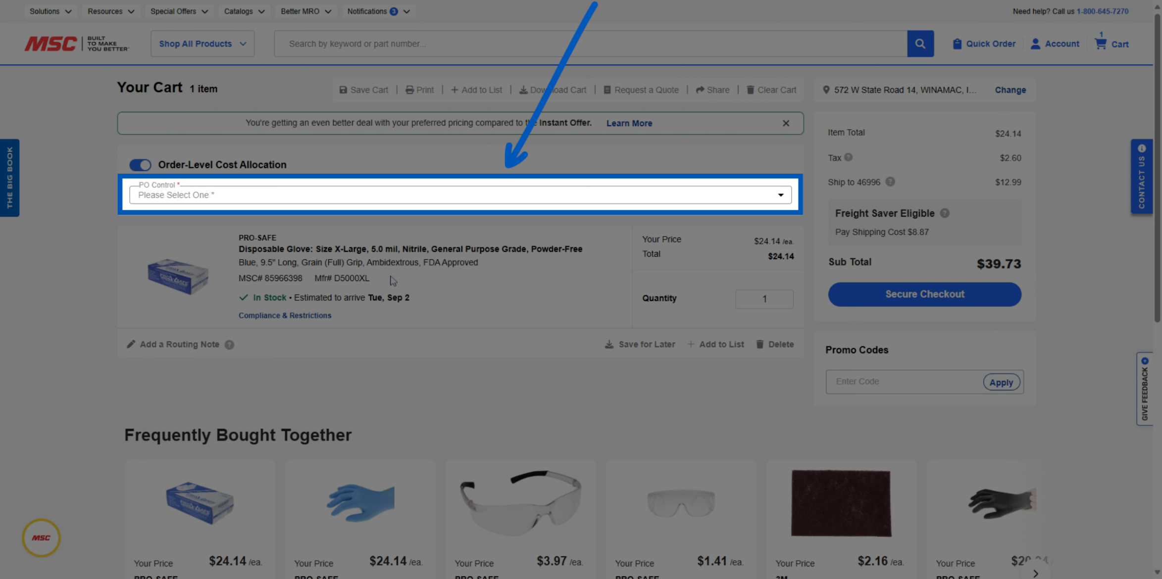 Blue arrow pointing to Order-Level Cost Allocation dropdown menu with 