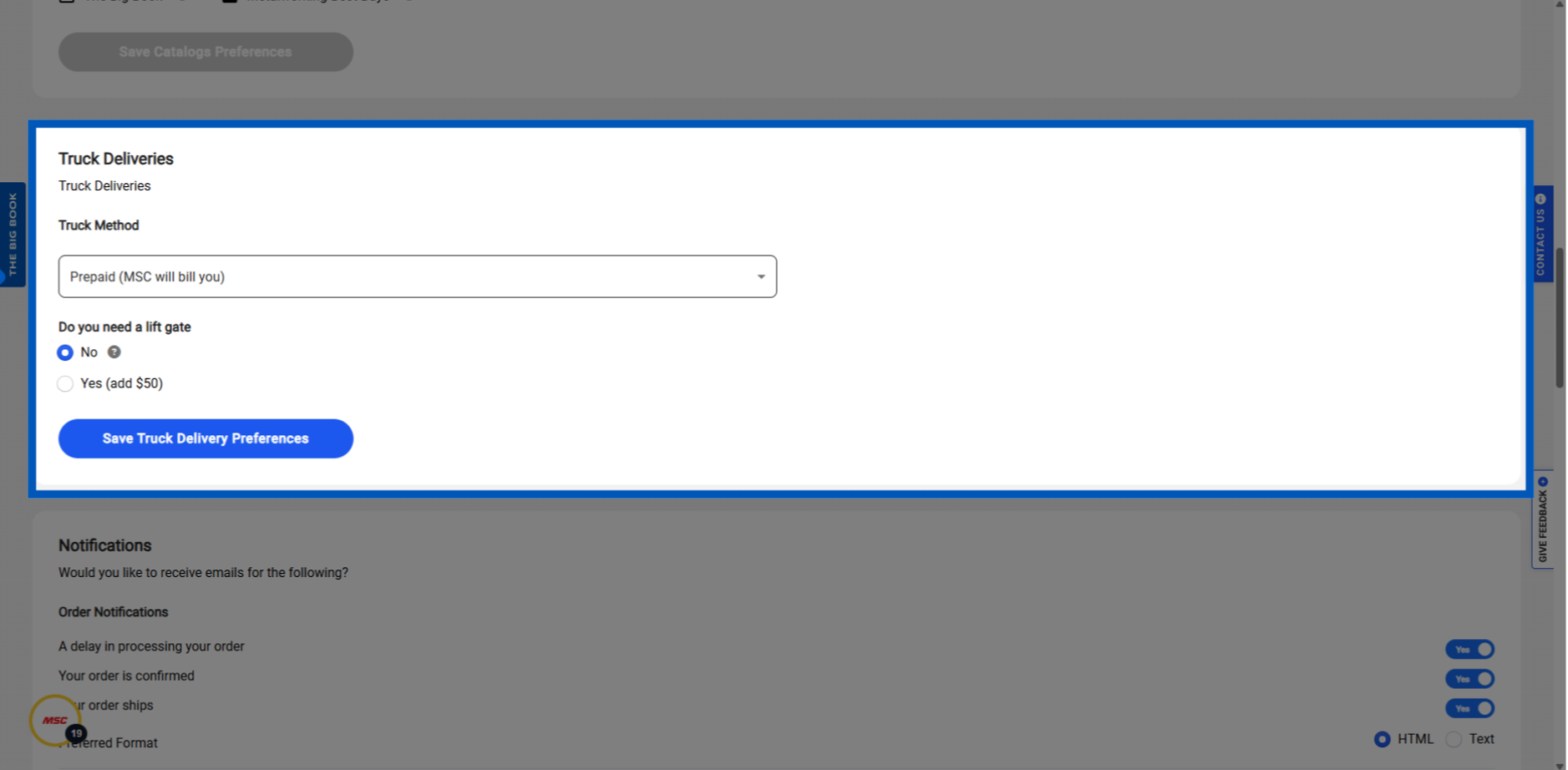 Truck delivery preferences form with prepaid method dropdown, lift gate options, and blue save button