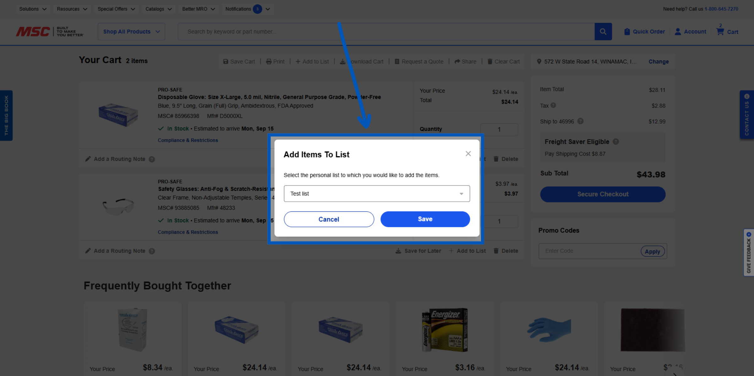 Shopping cart page showing Add items to a list popup, where you can select an existing list, or create a new list from the drop down menu.