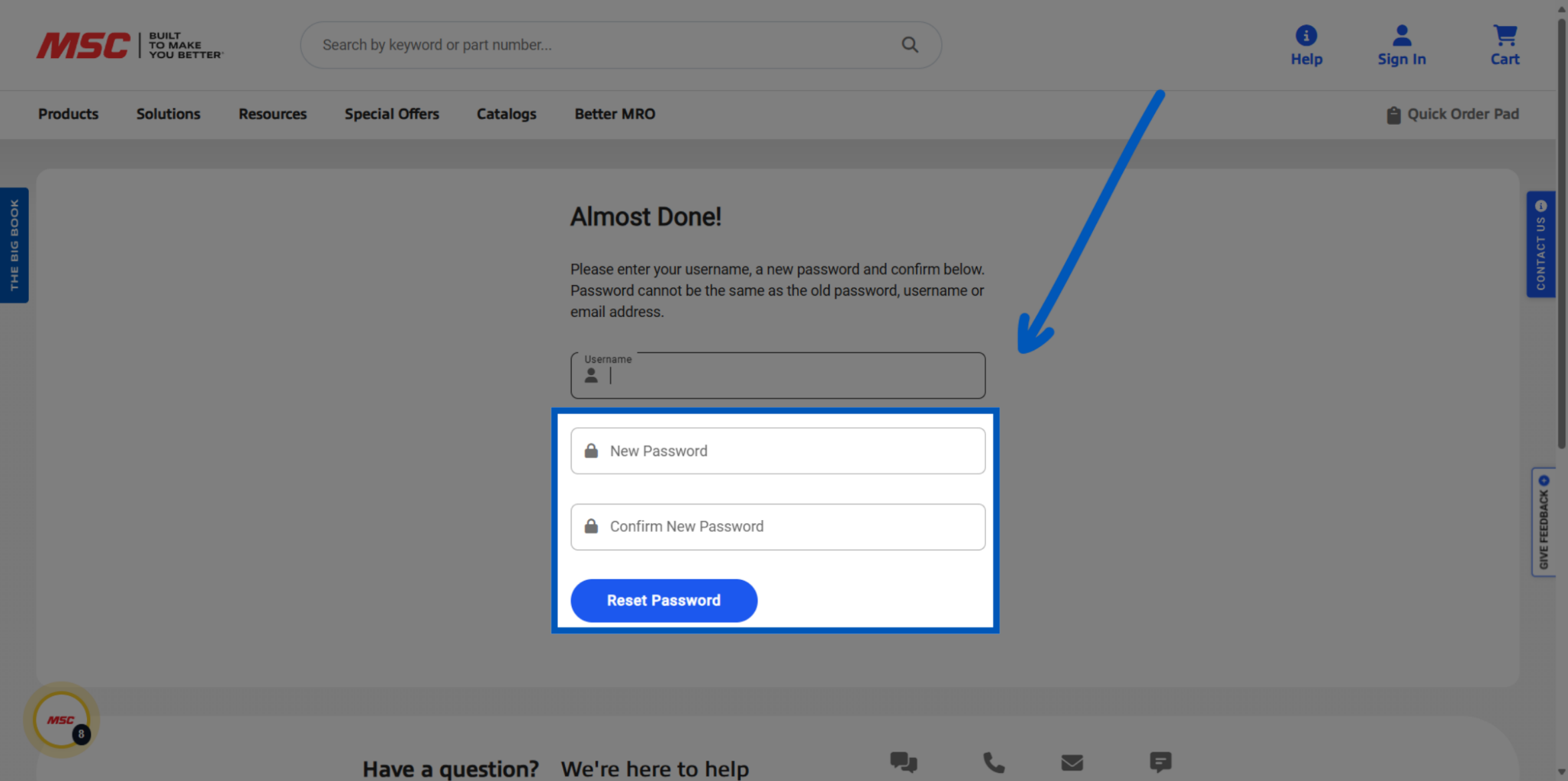 Password reset form with username field and new password fields highlighted by blue arrow and border on MSC website