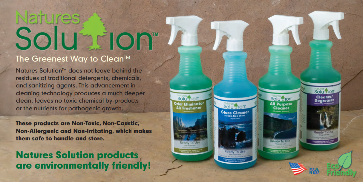 Shot of 4 bottles of Natures Solution with descriptive text about eco-friendly cleaning