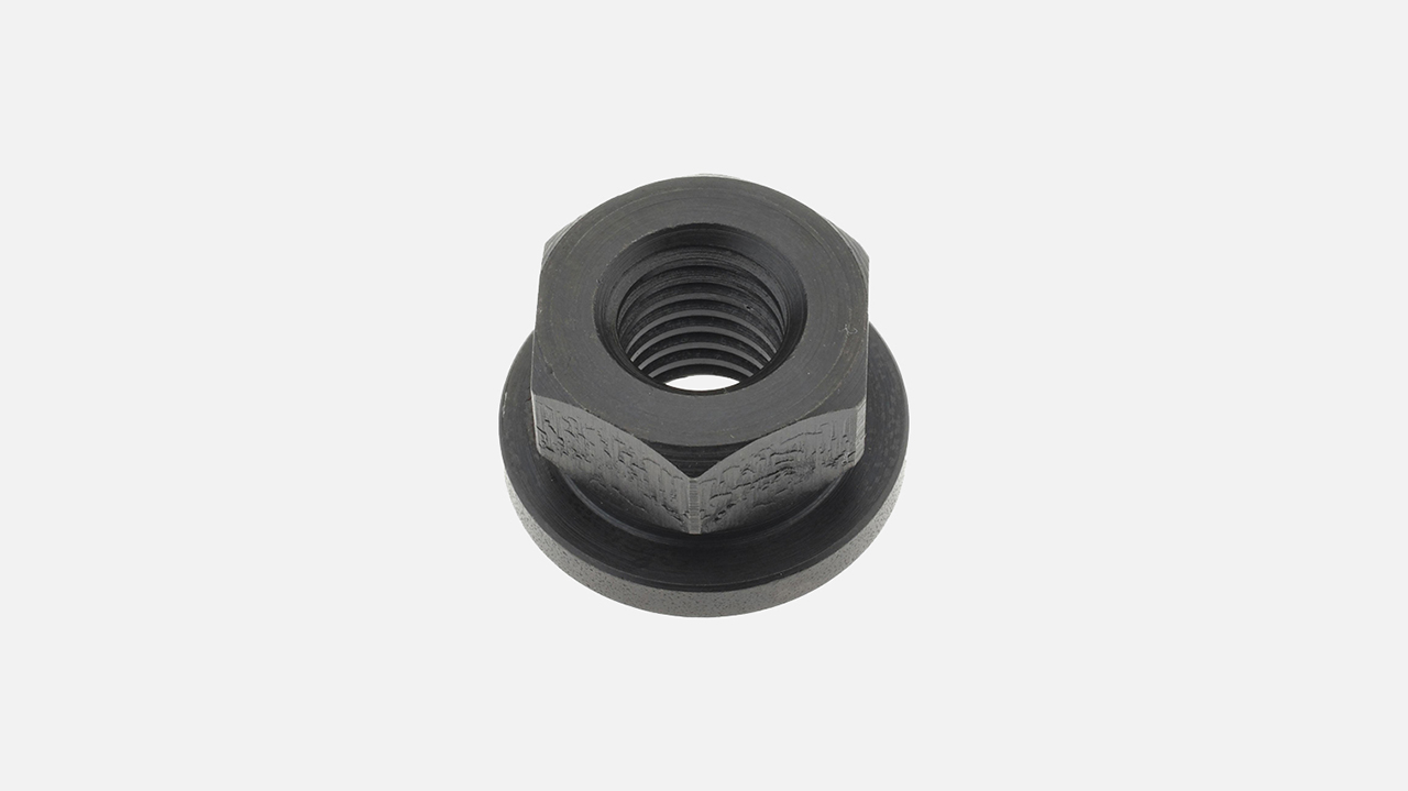 Black metal hex flange nut with internal threads and circular base