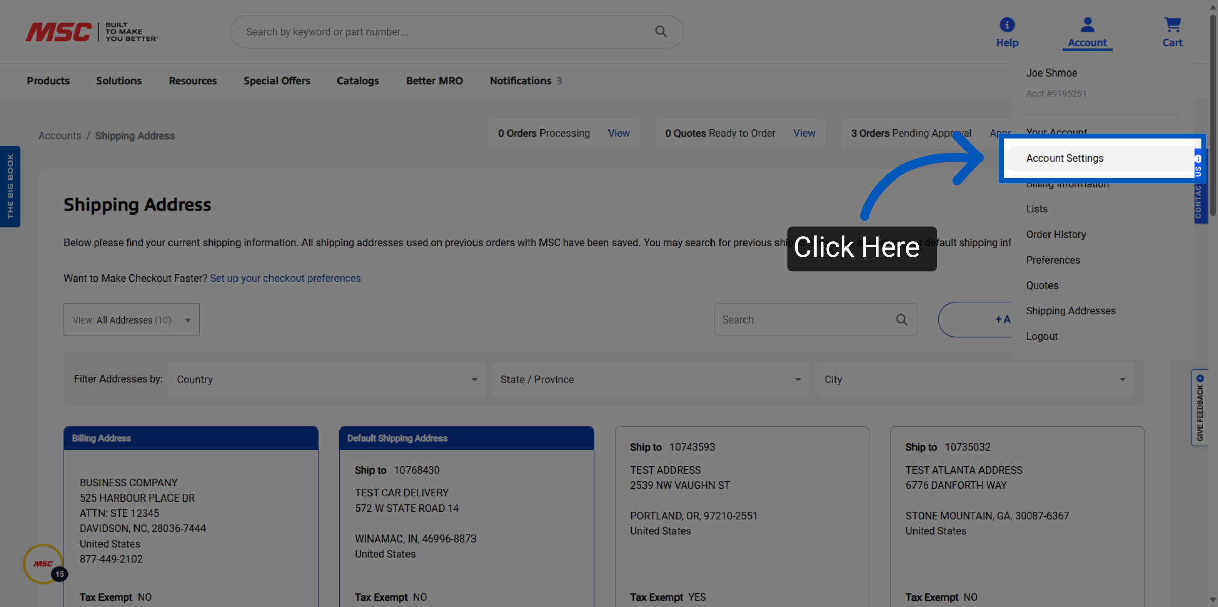 MSC Industrial Supply account settings dropdown menu showing shipping address management options with blue arrow pointer