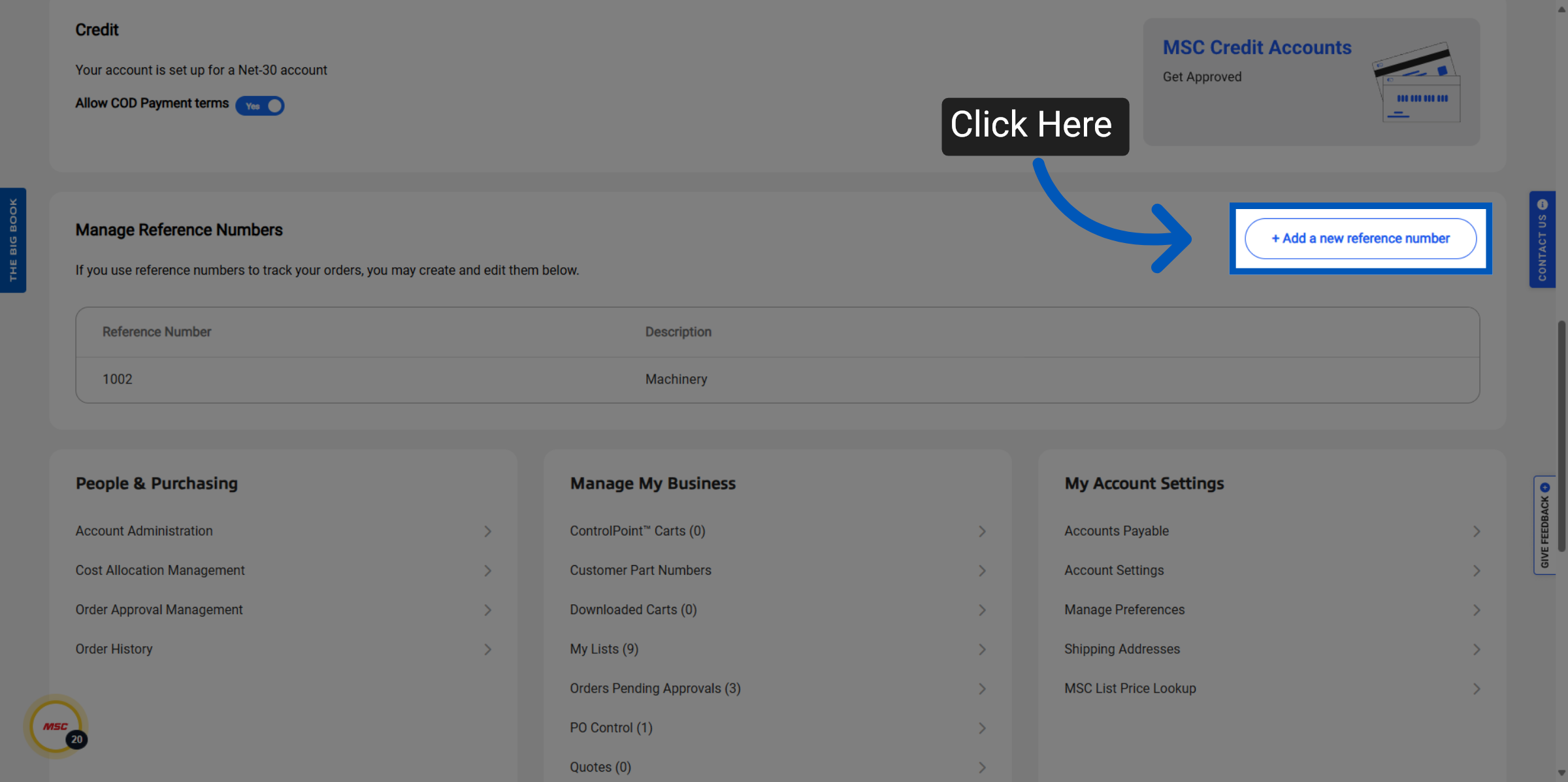 Blue arrow pointing from Click Here button to Add a new reference number button on account management page