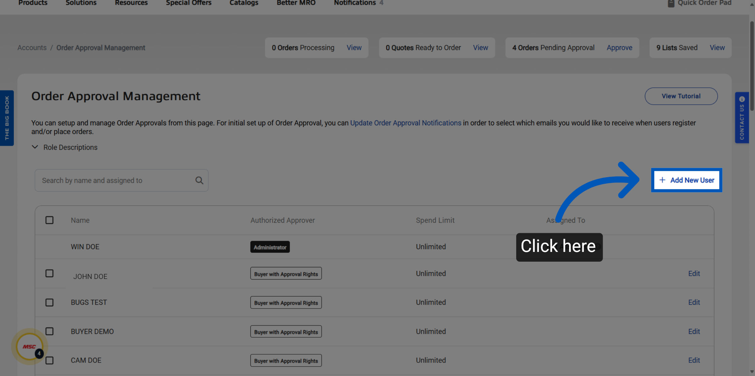 Order Approval Management page with an arrow pointing to Add New User button