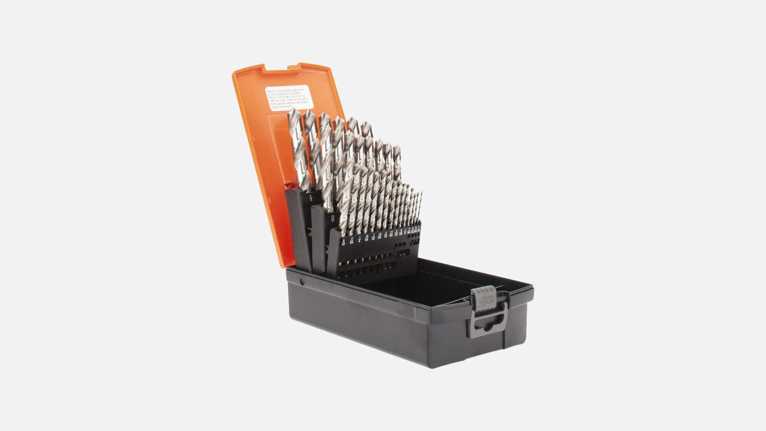 Hertel drill bit set in black plastic case with orange lid, containing multiple silver twist drill bits arranged by size