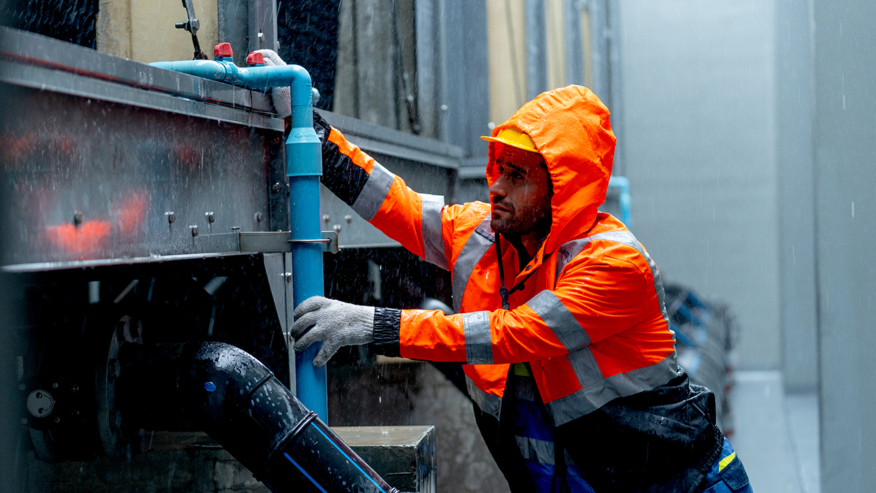 Worker in orange high-visibility safety jacket with reflective stripes operating industrial equipment in rainy conditions