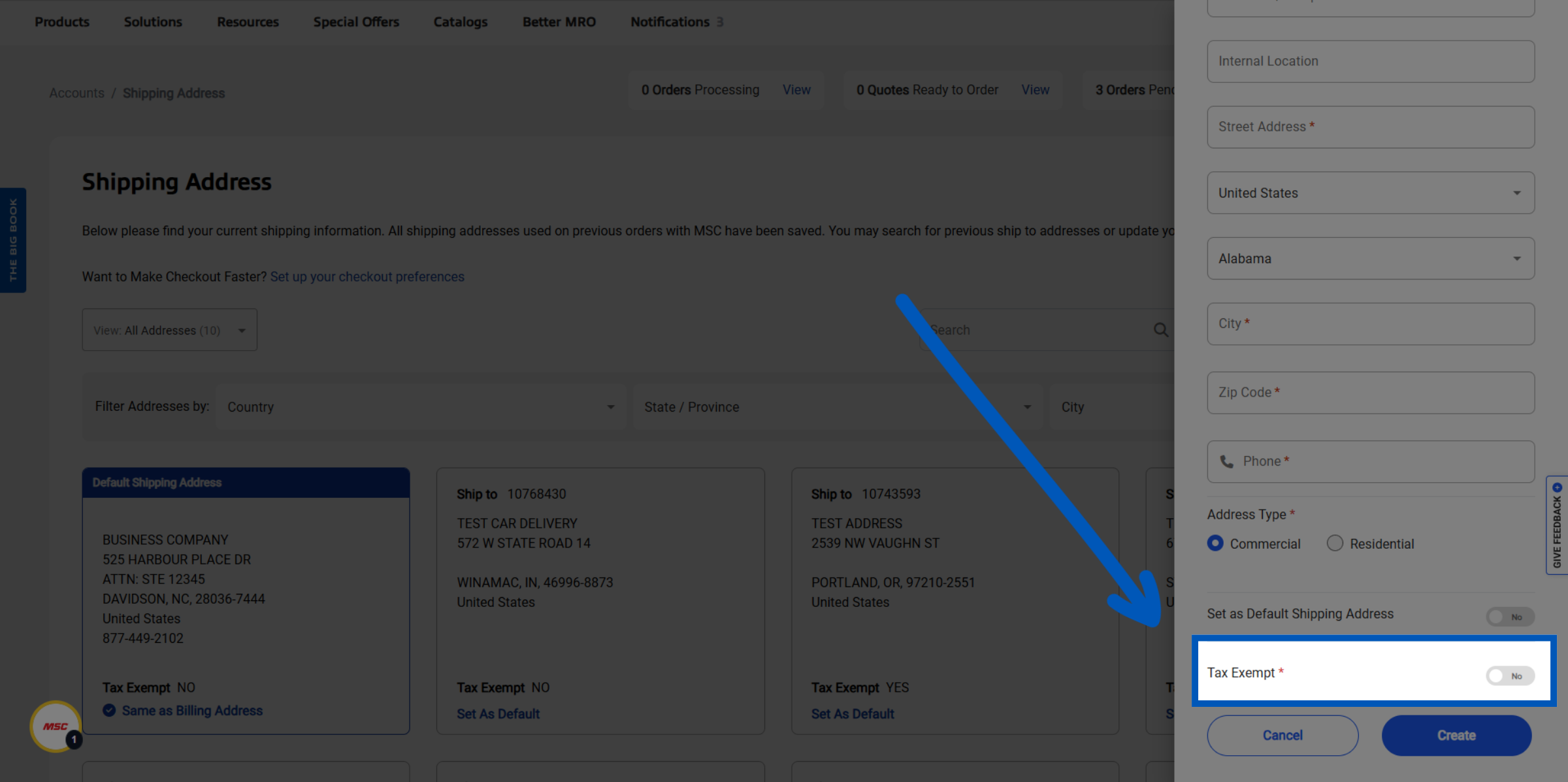 Shipping address form with Tax Exempt toggle highlighted in blue box at bottom of form with arrow pointing to it