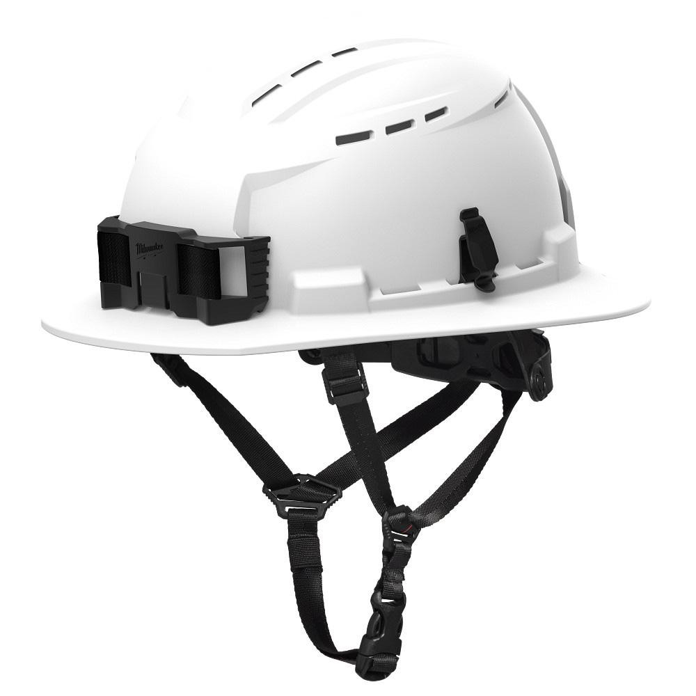 White Milwaukee brim helmet with black chin strap and accessory clips on sides and front