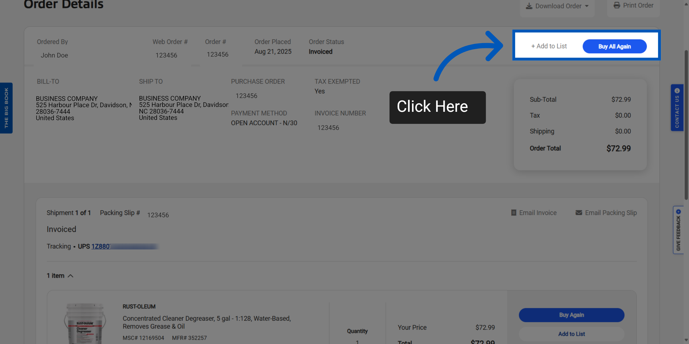 Order details page with an arrow pointing to Buy All Again button