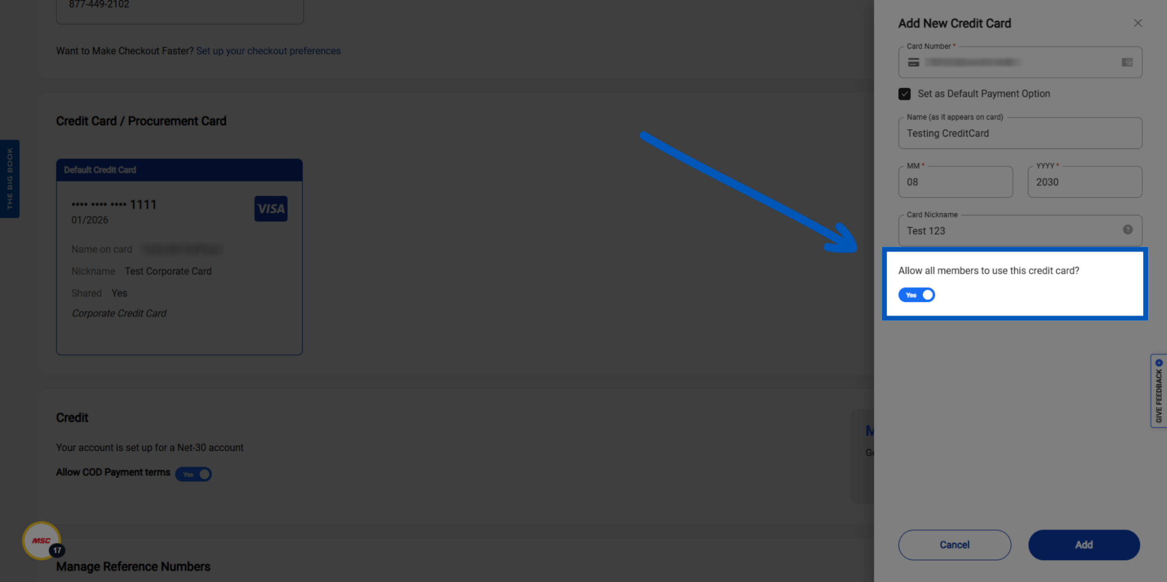 Blue arrow pointing to toggle switch for allowing all members to use credit card in payment settings form