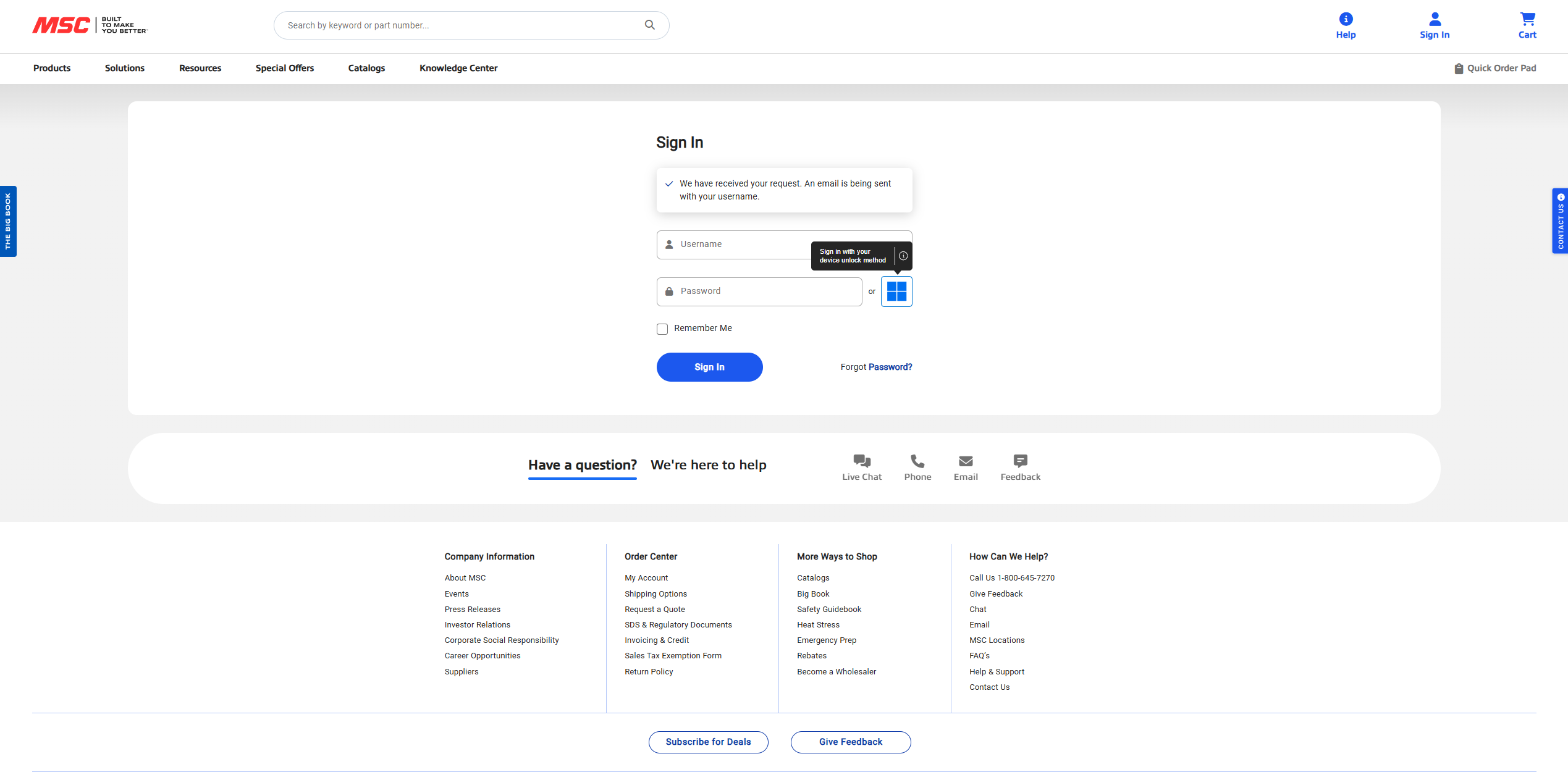MSC Industrial Supply sign in page with username and password fields and blue sign in button