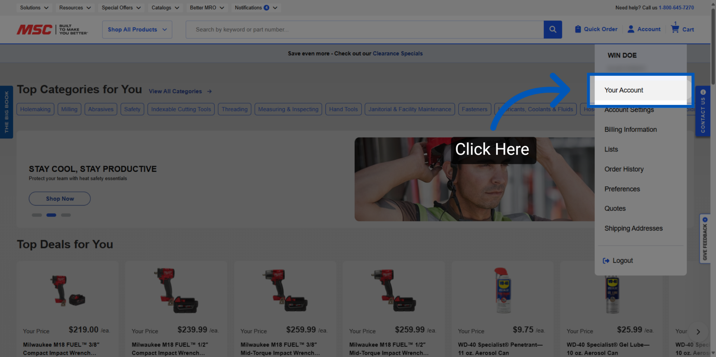 An arrow pointing to Your Account at the top of the account drop-down menu