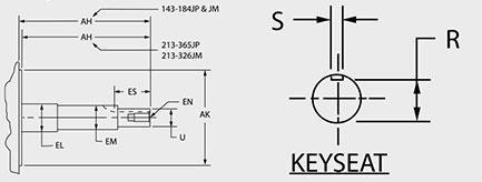 Technical diagram of an electric motor shaft showing labeled dimensions including AH, EL, EM, ES, EN, AK, and U. A detailed view of the keyseat is included on the right, with dimensions labeled S and R.