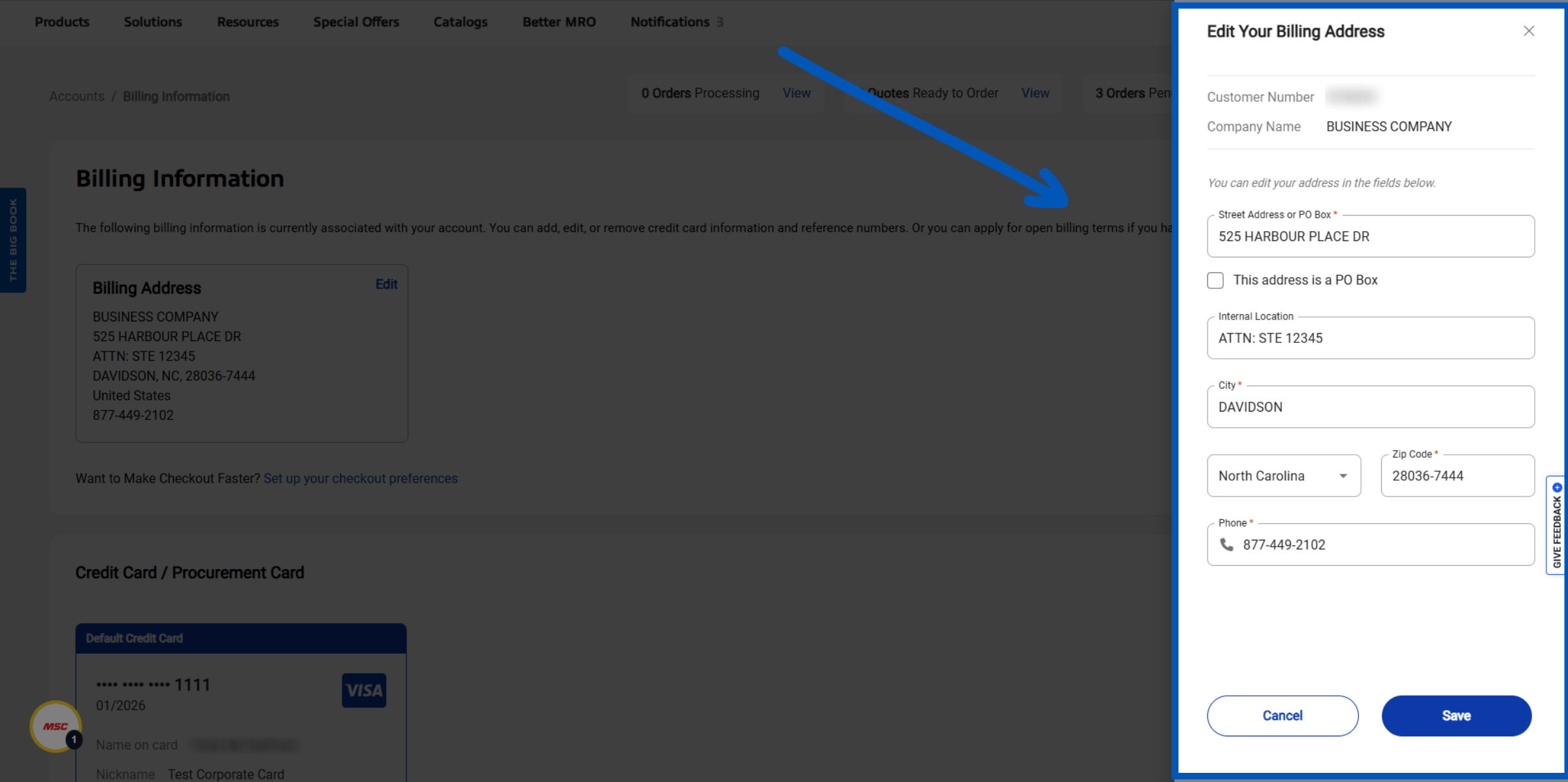 Edit billing address form with company name, street address, city, state, zip code, and phone number fields displayed.