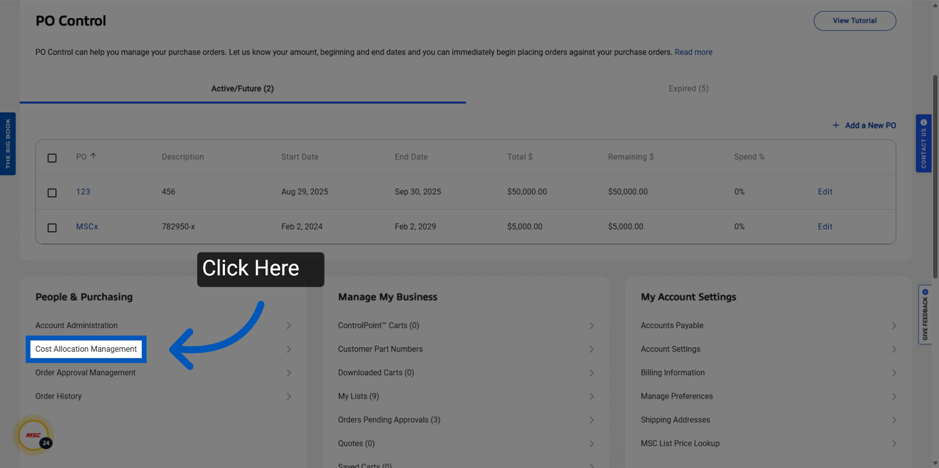 Screenshot of PO Control interface with Cost Allocation Management option highlighted by blue arrow and Click Here button.