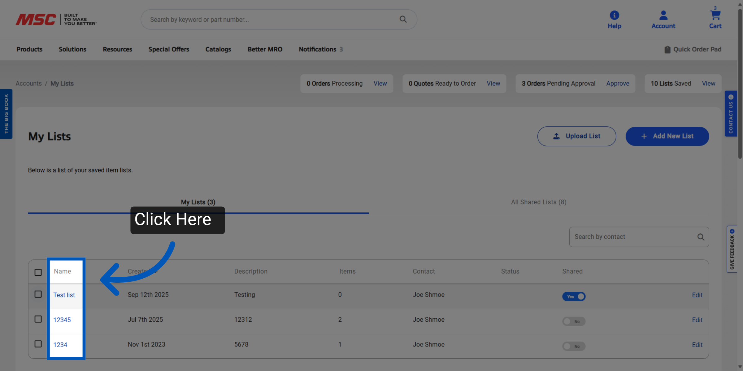 My Lists page highlighting the selectable list names column, with an arrow and Click Here indicator pointing to a list link.