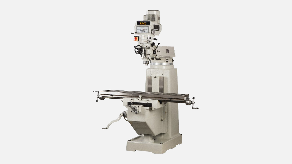 ENCO vertical milling machine with white and gray finish, motor on top, and adjustable work table