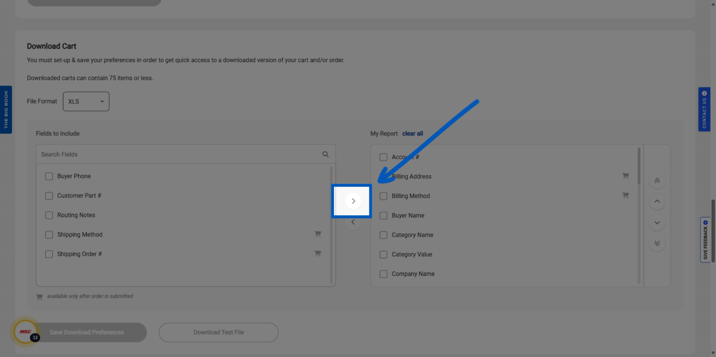 Download cart interface showing file format selector and field options with blue arrow pointing to right chevron button