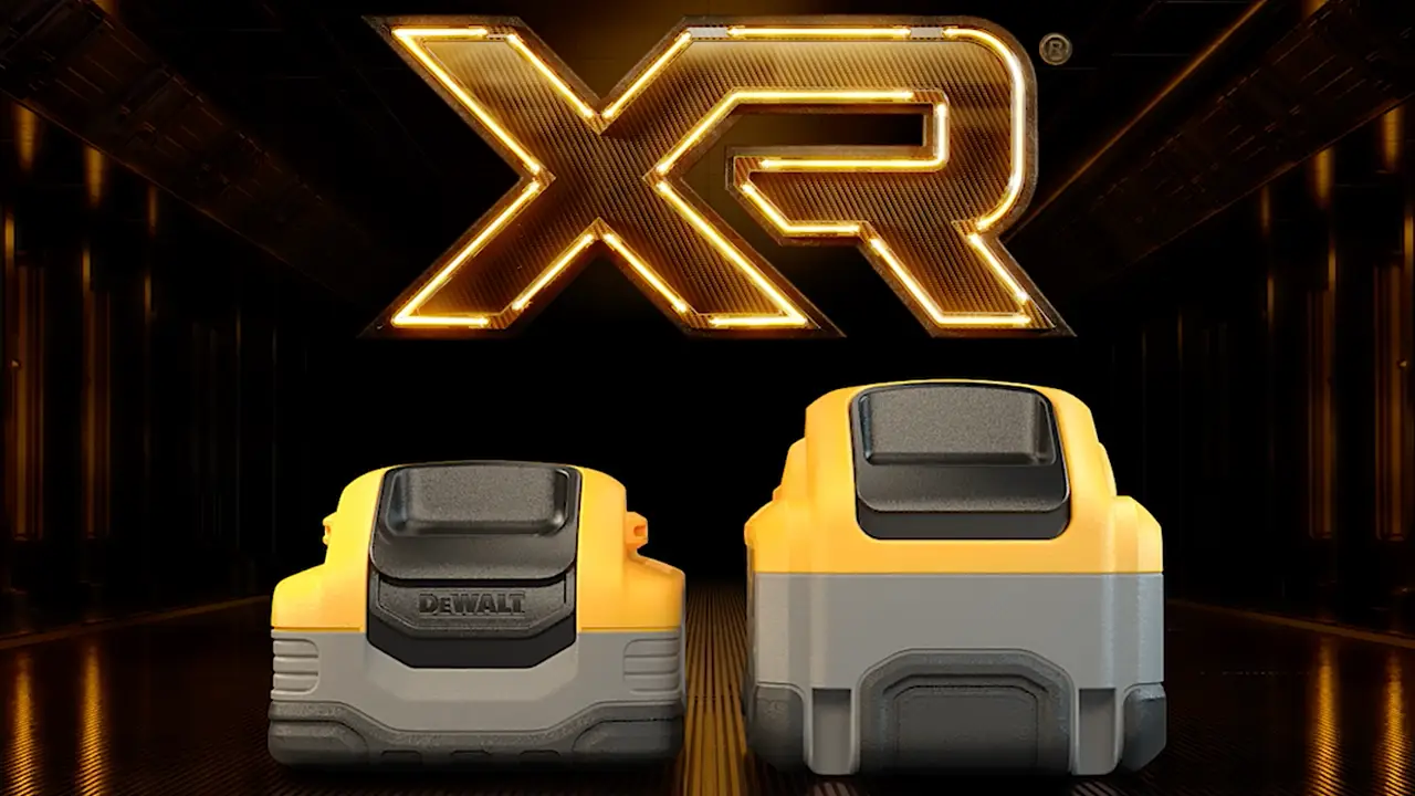 Two yellow and black DeWalt XR batteries displayed against black background with illuminated gold XR logo above them.
