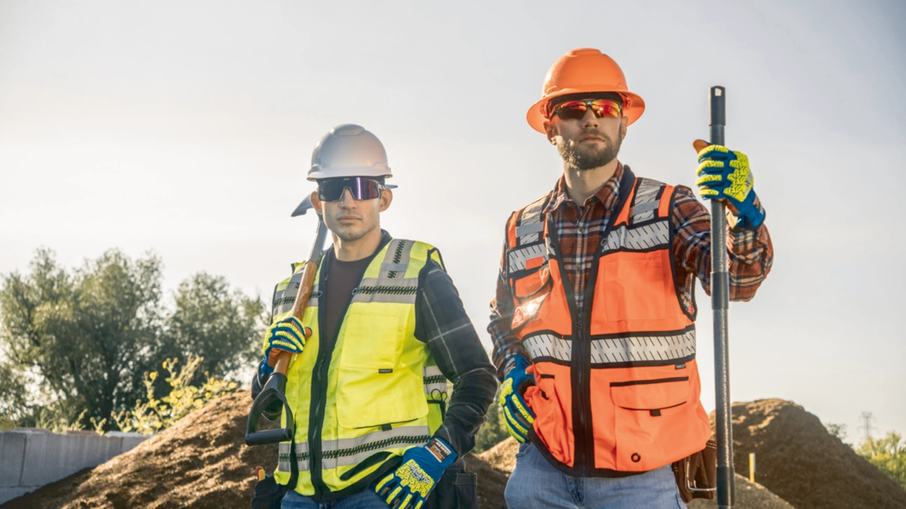 Two construction workers in safety vests and hard hats wearing MCR Safety protective eyewear and work gloves at job site
