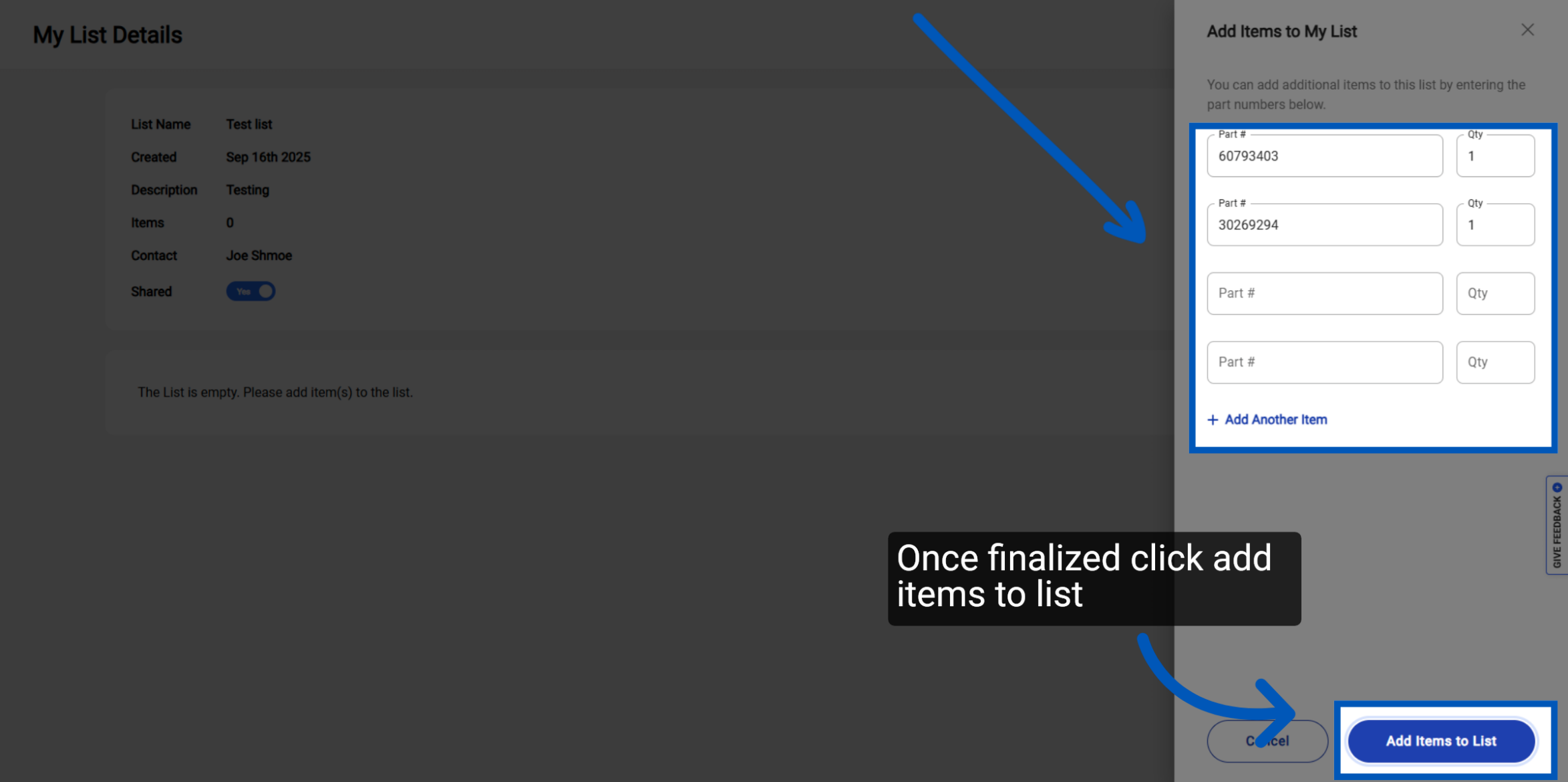 Add Items to My List side panel with part number and quantity fields, and an Add Items to List button highlighted by arrows.