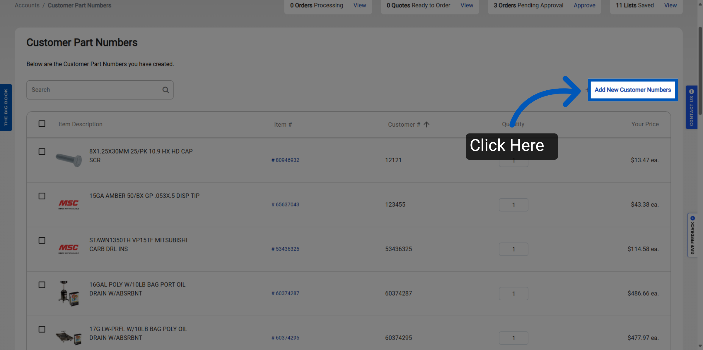 Blue arrow pointing to Add New Customer Numbers button with Click Here callout on customer part numbers page
