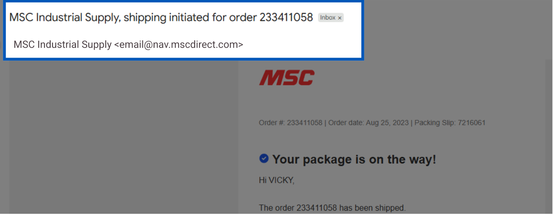 MSC Industrial Supply shipping notification email for order 233411058 with package tracking information