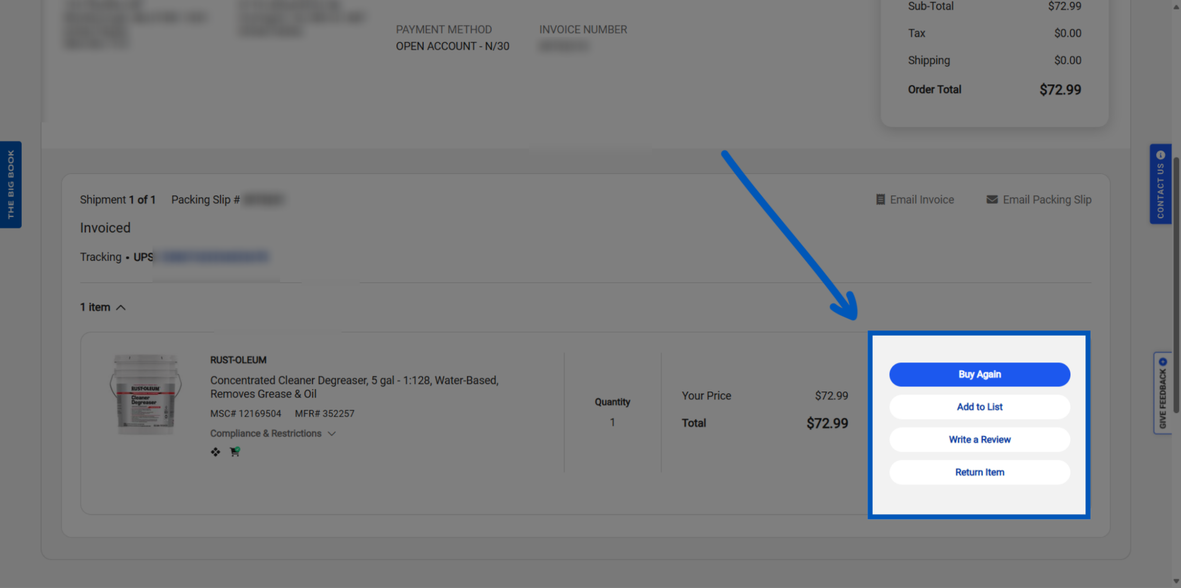 Order details page with an arrow pointing to Buy Again and Add to List button