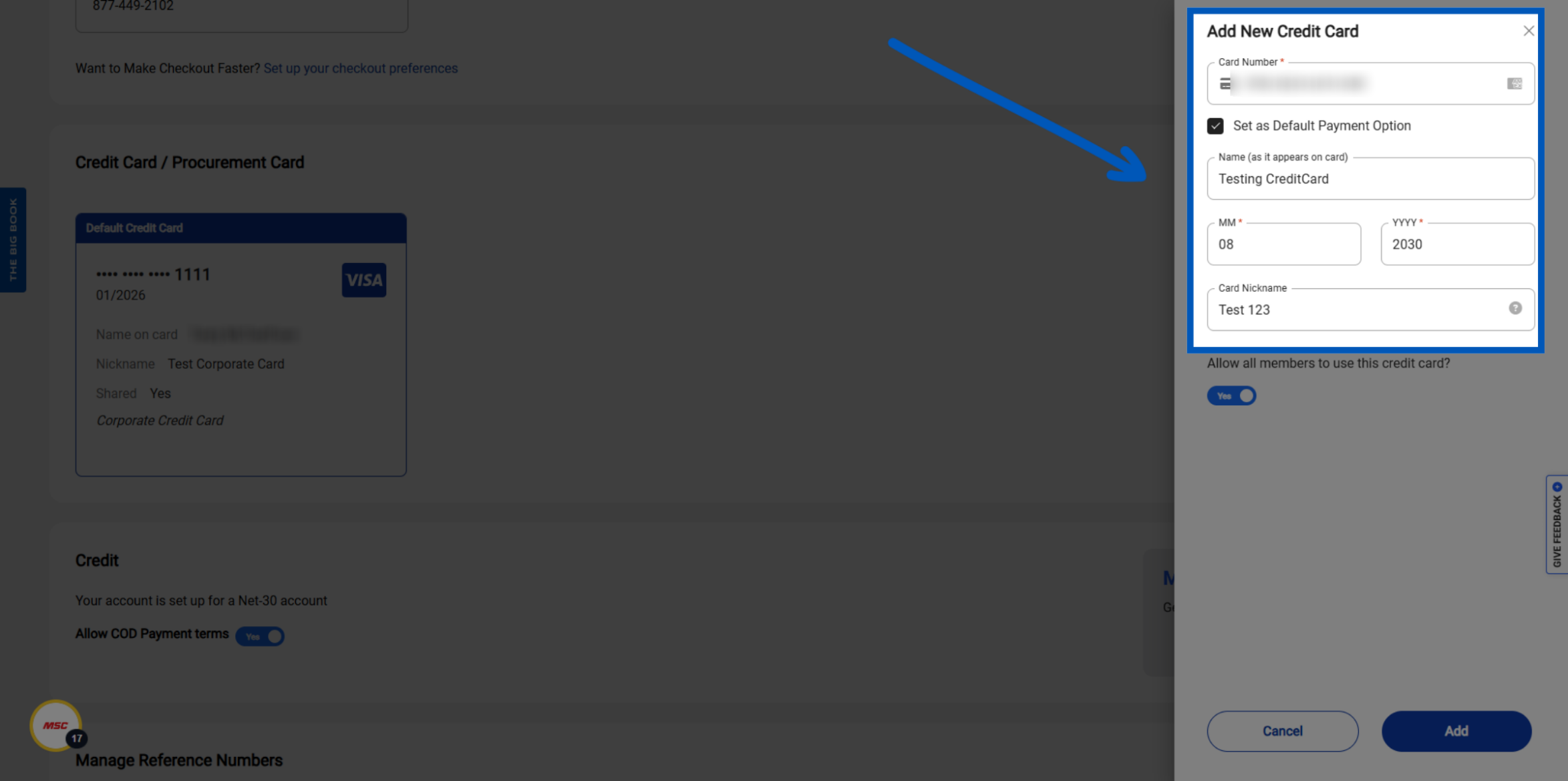 Add New Credit Card form with fields for card number, name, expiration date, and nickname with blue arrow pointing to it