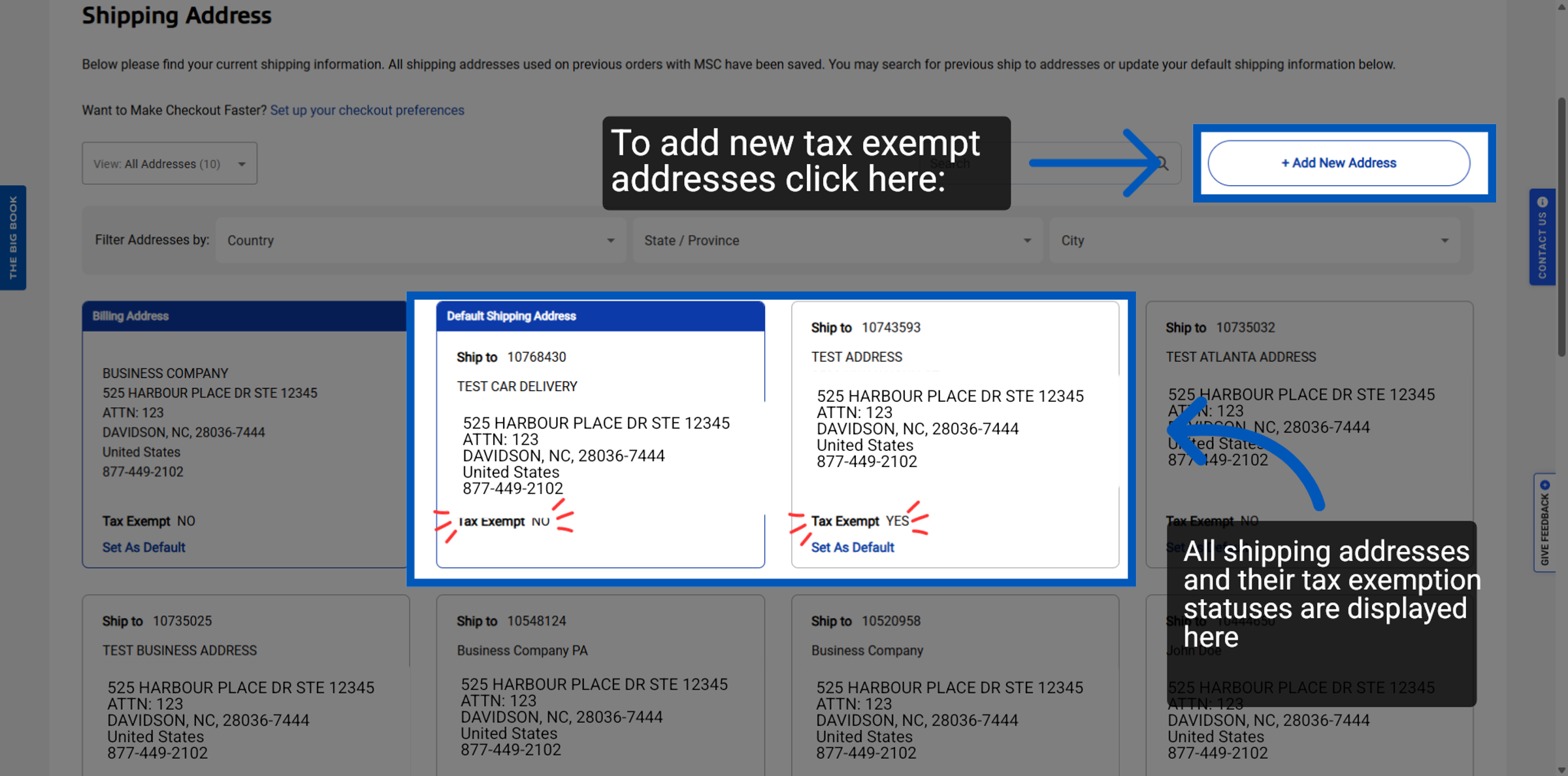 Shipping Address page showing saved shipping addresses with tax exemption status labels and a highlighted Add New Address button.