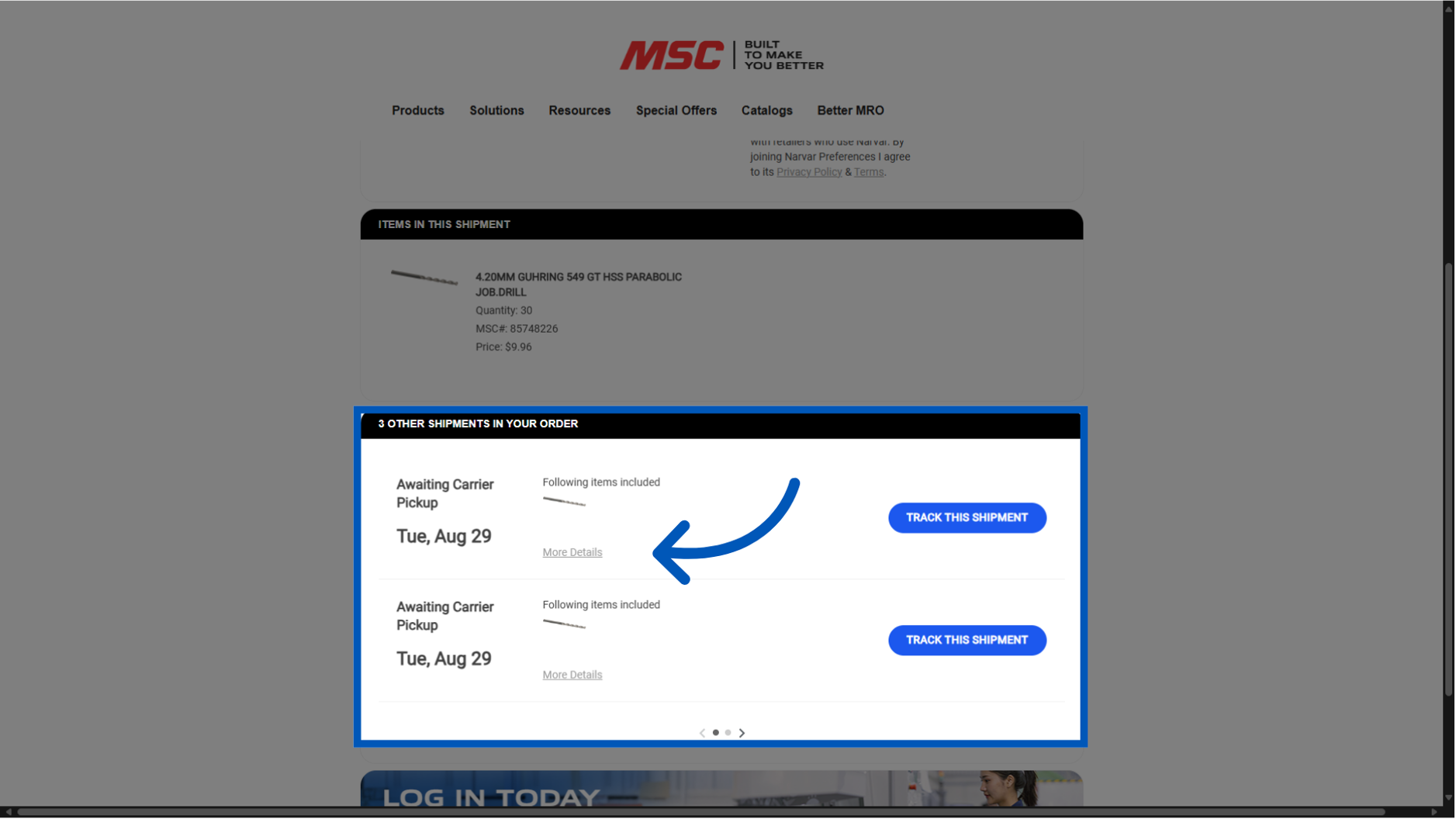 Order tracking page showing shipment status with blue arrow pointing to Track This Shipment button on MSC website