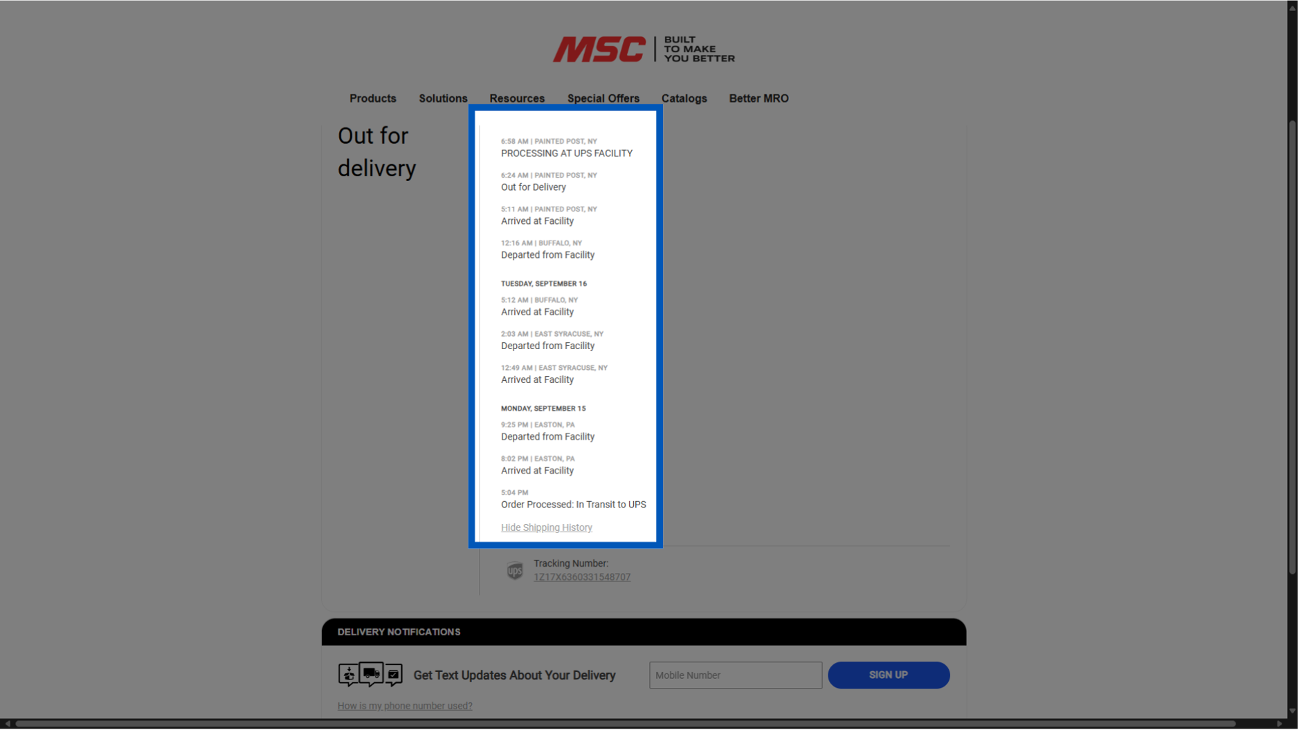 Package tracking interface showing out for delivery status with shipping history and UPS tracking number details.