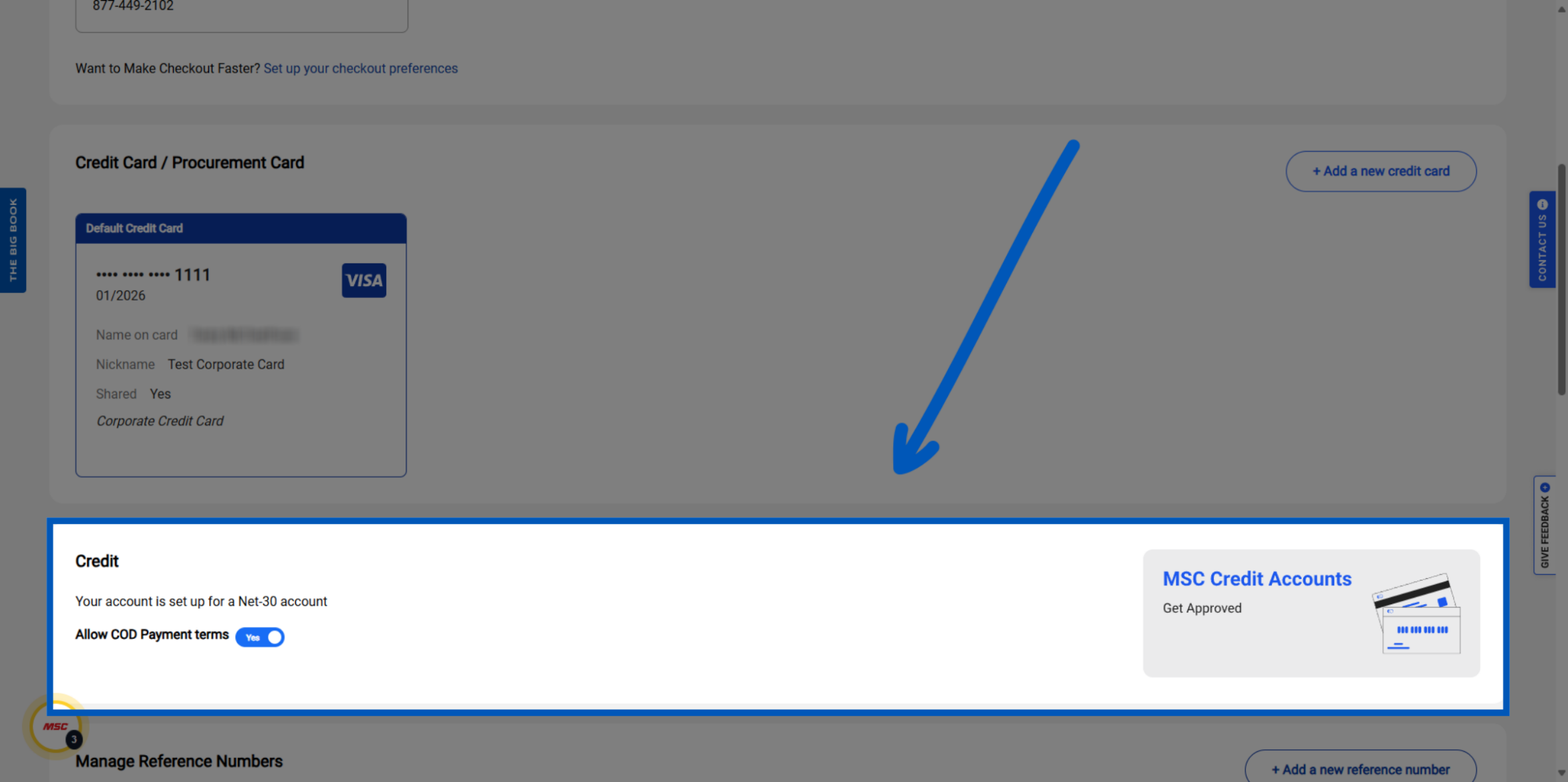 Blue arrow pointing to credit account settings section with Net-30 account and COD payment toggle options displayed.