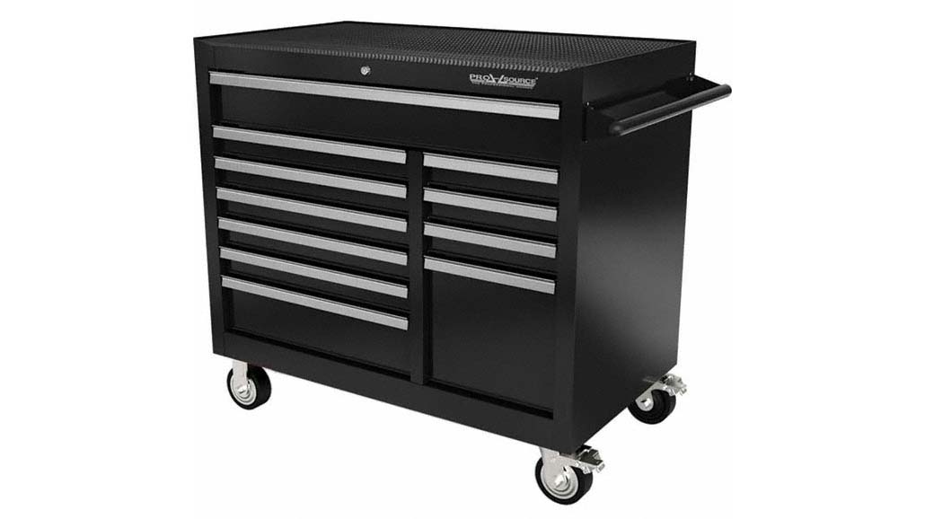 Black PRO-SOURCE rolling tool chest with multiple drawers, silver handles, textured top, and four caster wheels