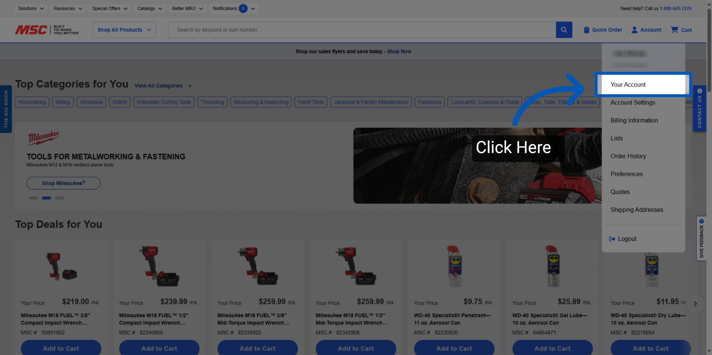 MSC Industrial Supply website showing account dropdown menu with Your Account option highlighted and blue arrow