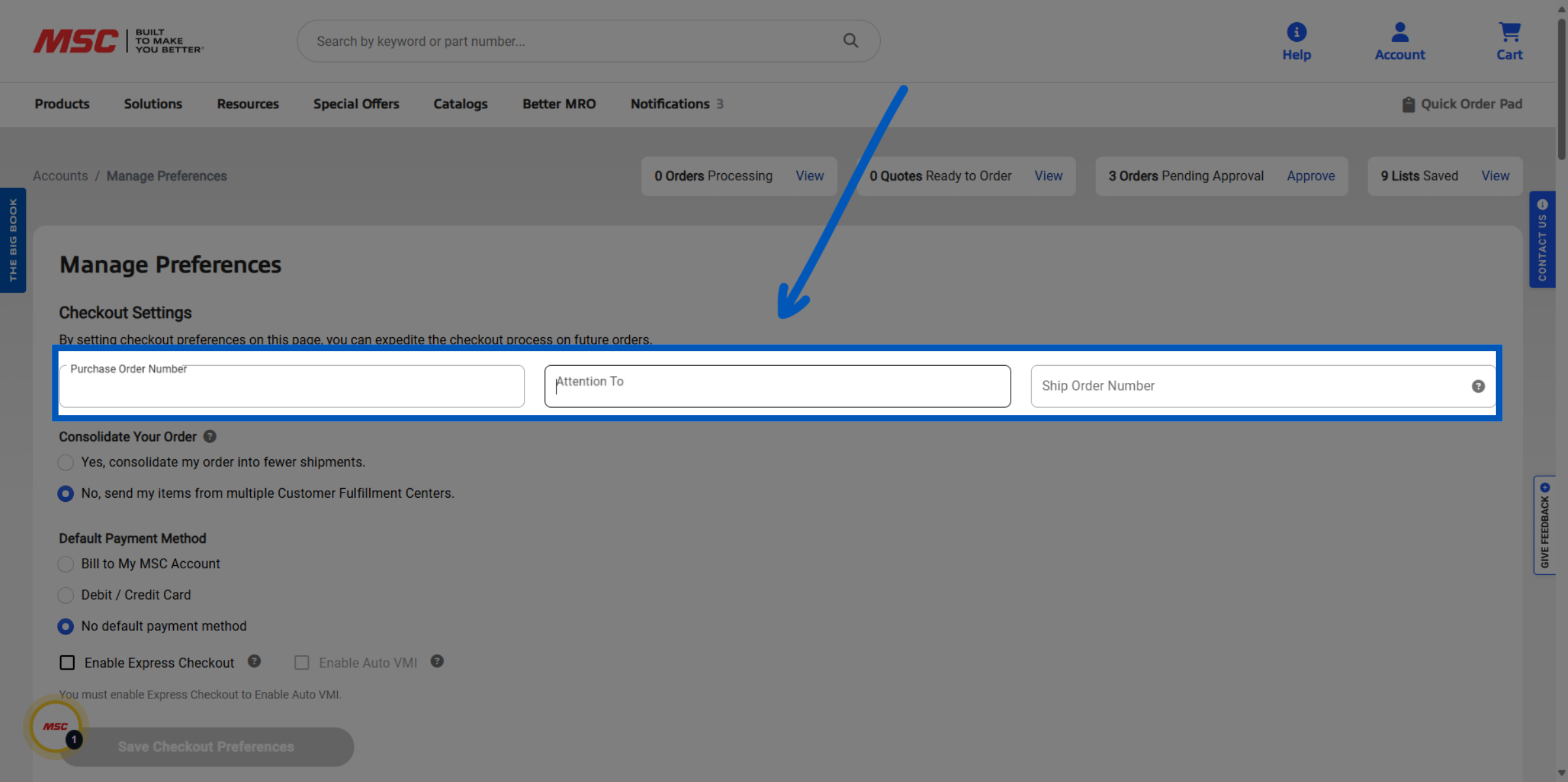 Checkout settings form with three input fields: Purchase Order Number, Attention To, and Ship Order Number highlighted.