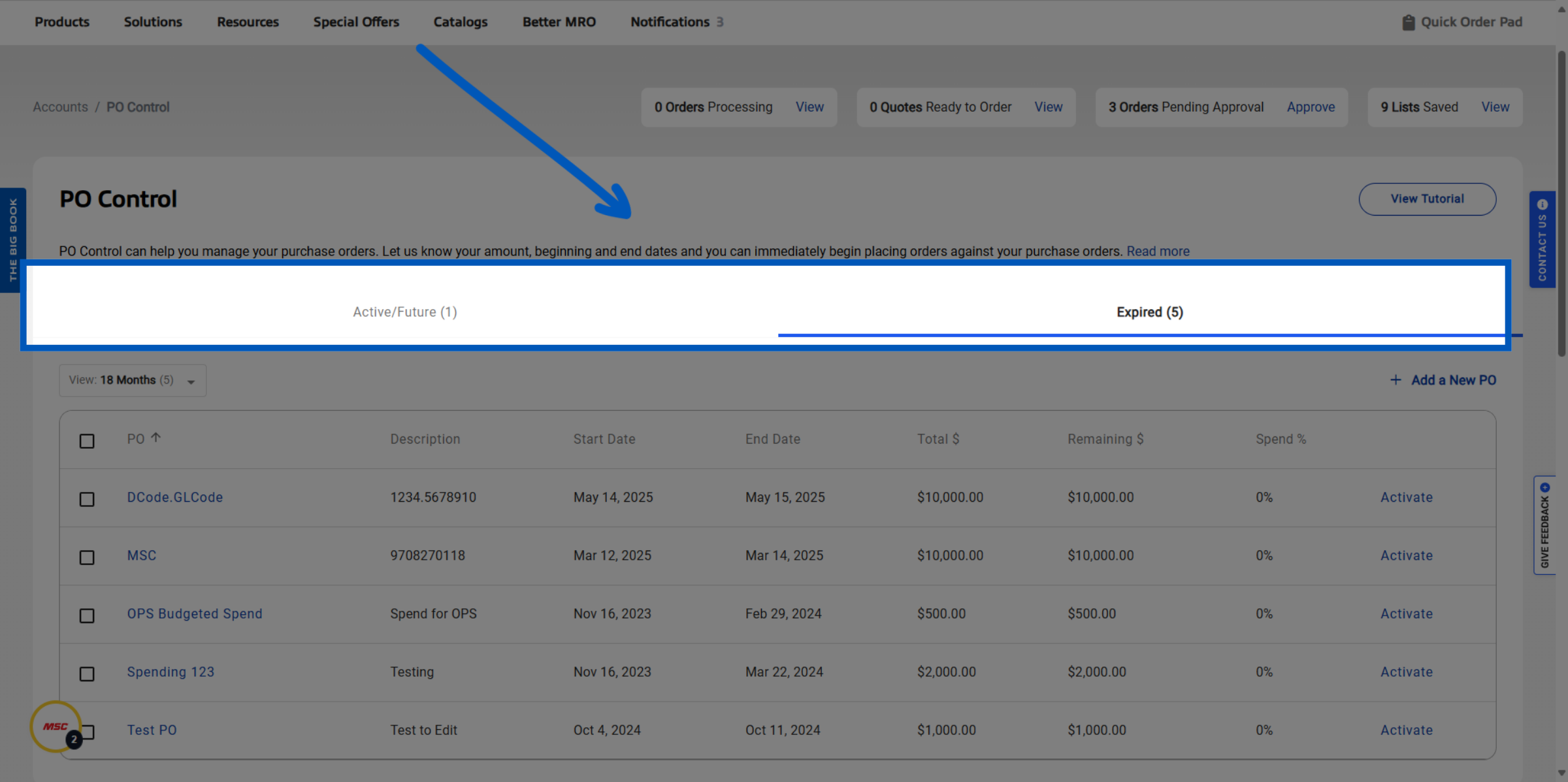 Blue arrow pointing to tabs showing Active/Future and Expired purchase orders in PO Control interface