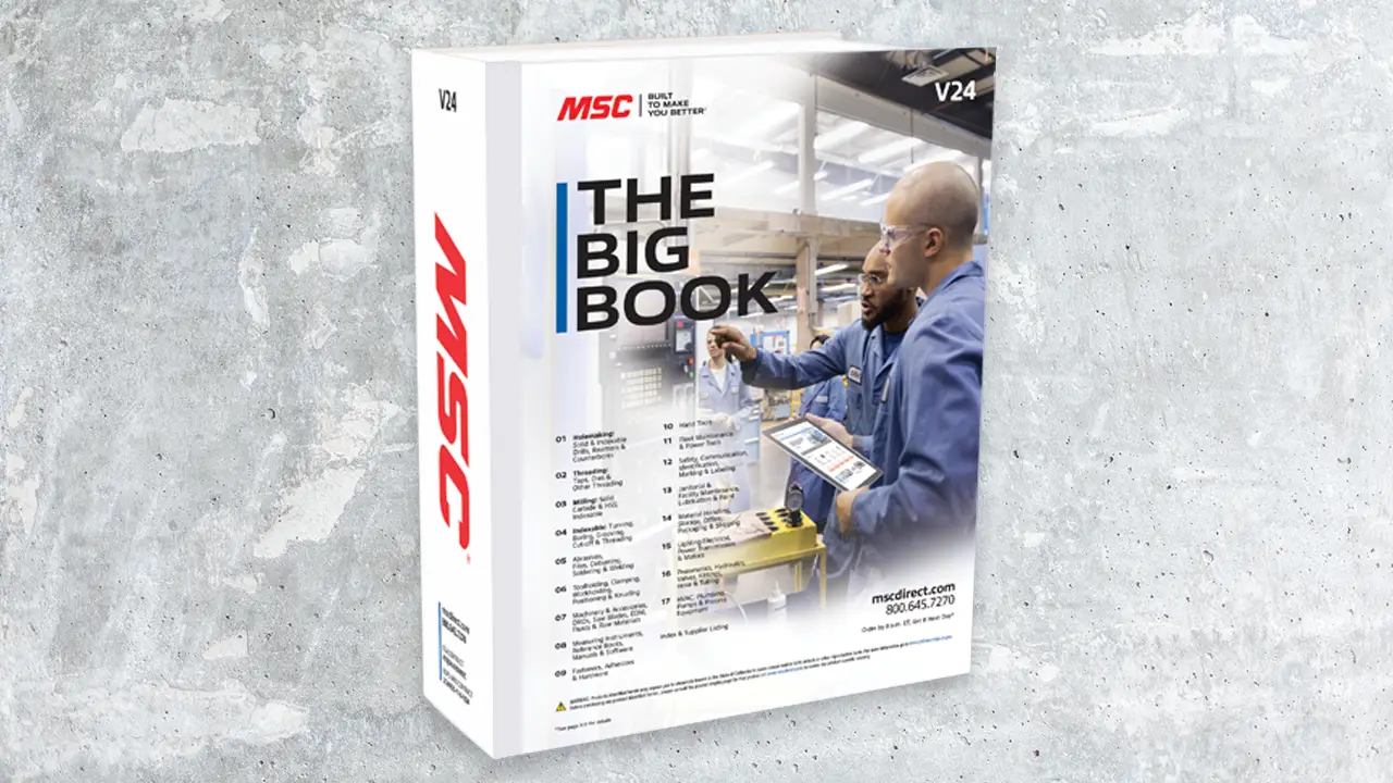 MSC Industrial Supply catalog titled The Big Book showing two workers in blue uniforms in a warehouse setting on the cover.