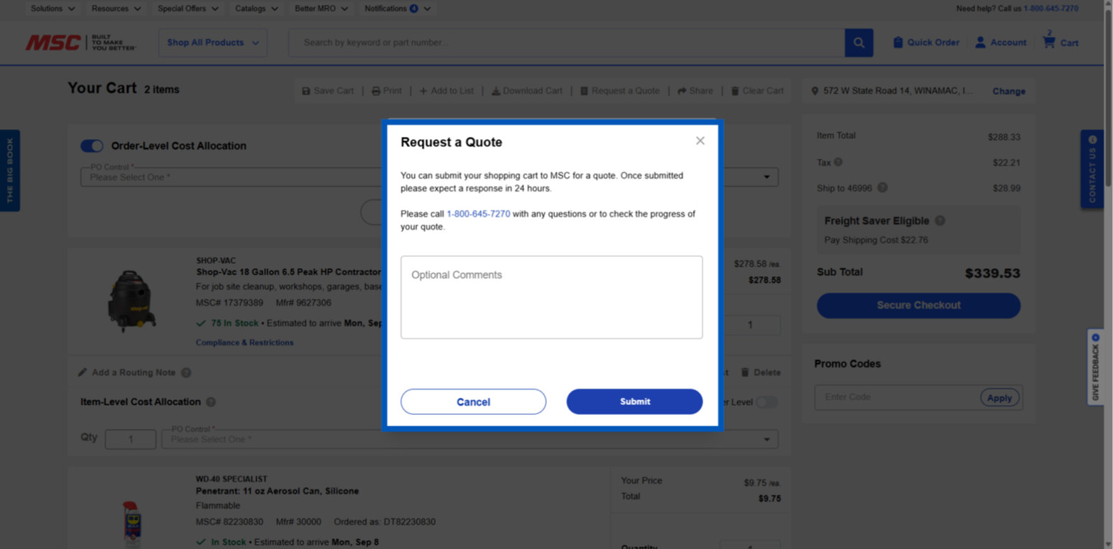 Popup box on mscdirect.com allowing users to Add Optional Comments to their quote