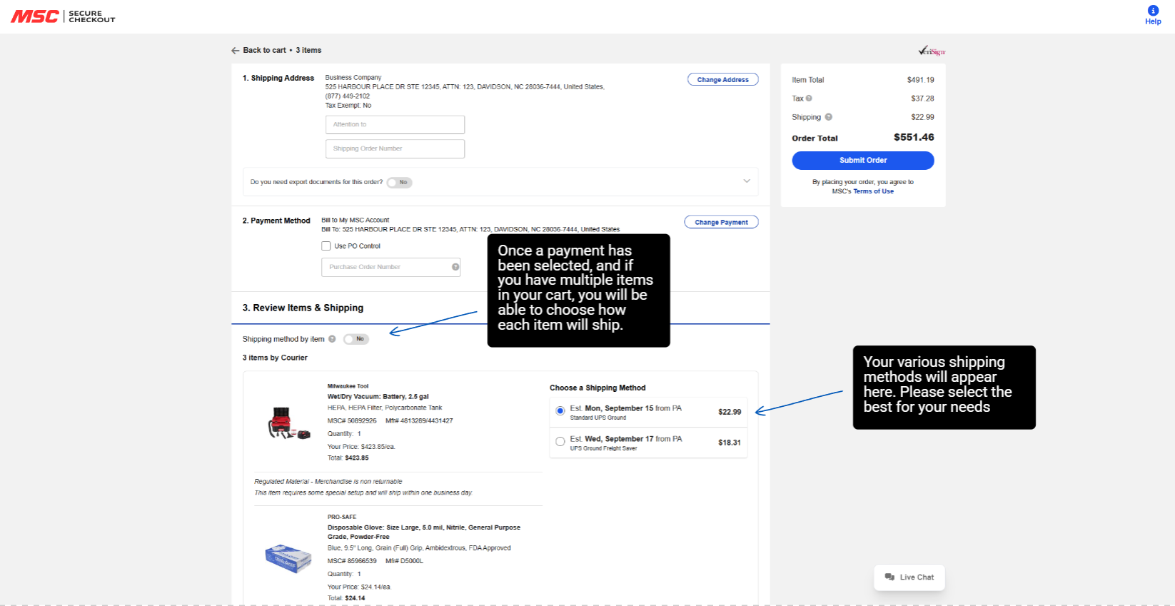 Screenshot of the Checkout page on mscdirect.com with text explainers about functionality on the bottom half of the page