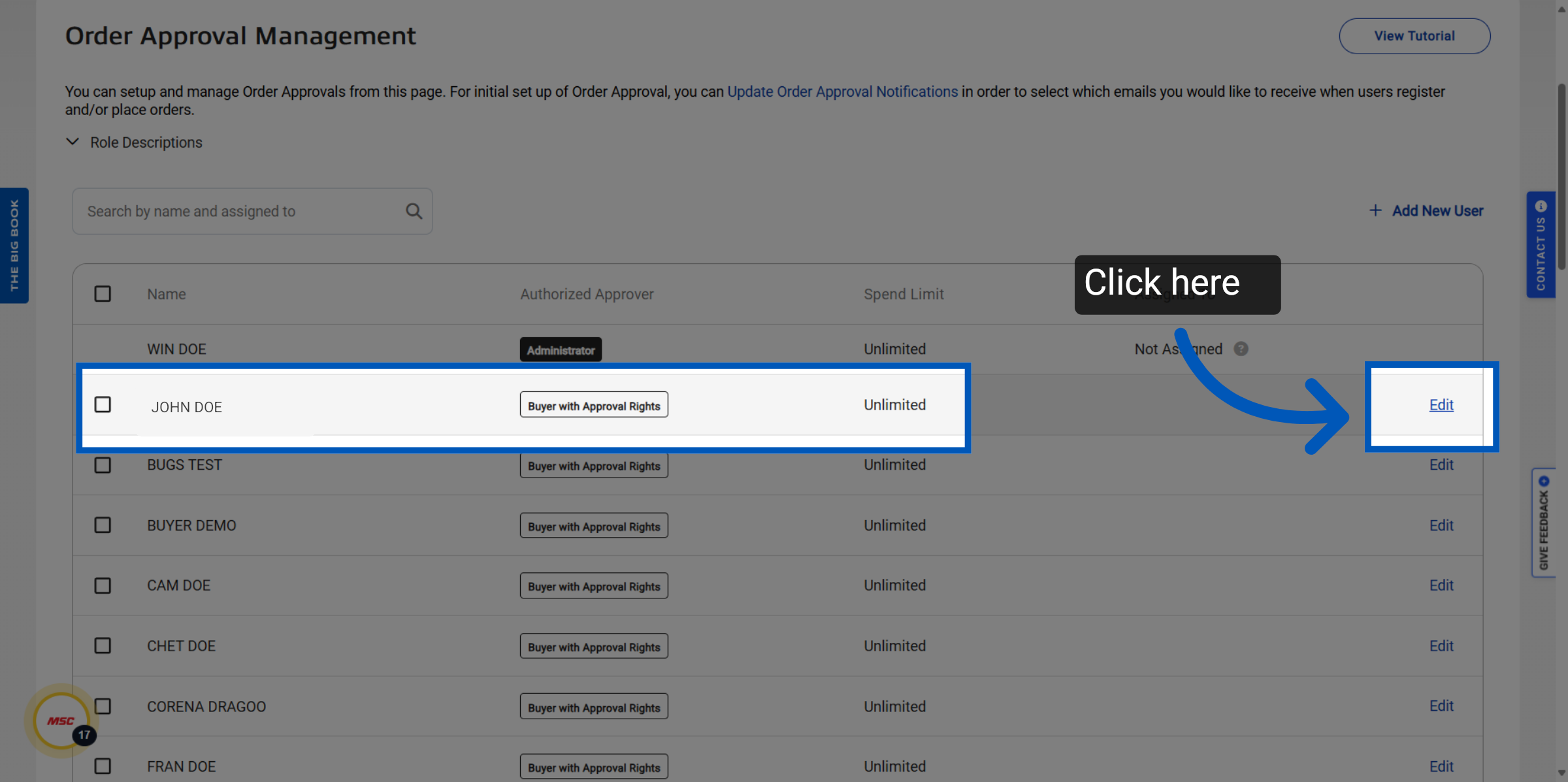 Order Approval Management page highlighting a user row with approval rights and an arrow pointing to the “Edit” button for updating user roles