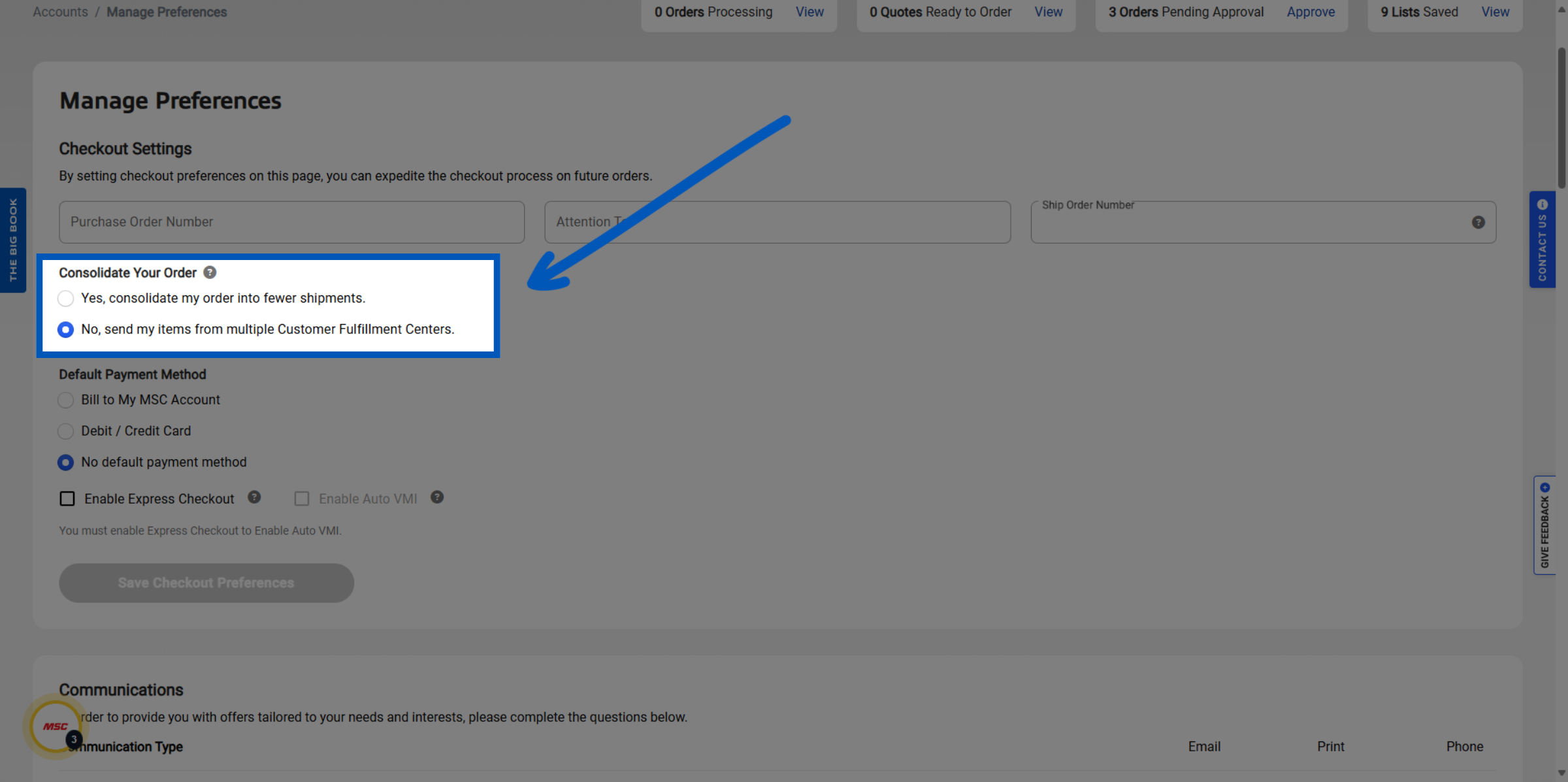 Blue arrow pointing to Consolidate Your Order section with radio button options for shipment preferences