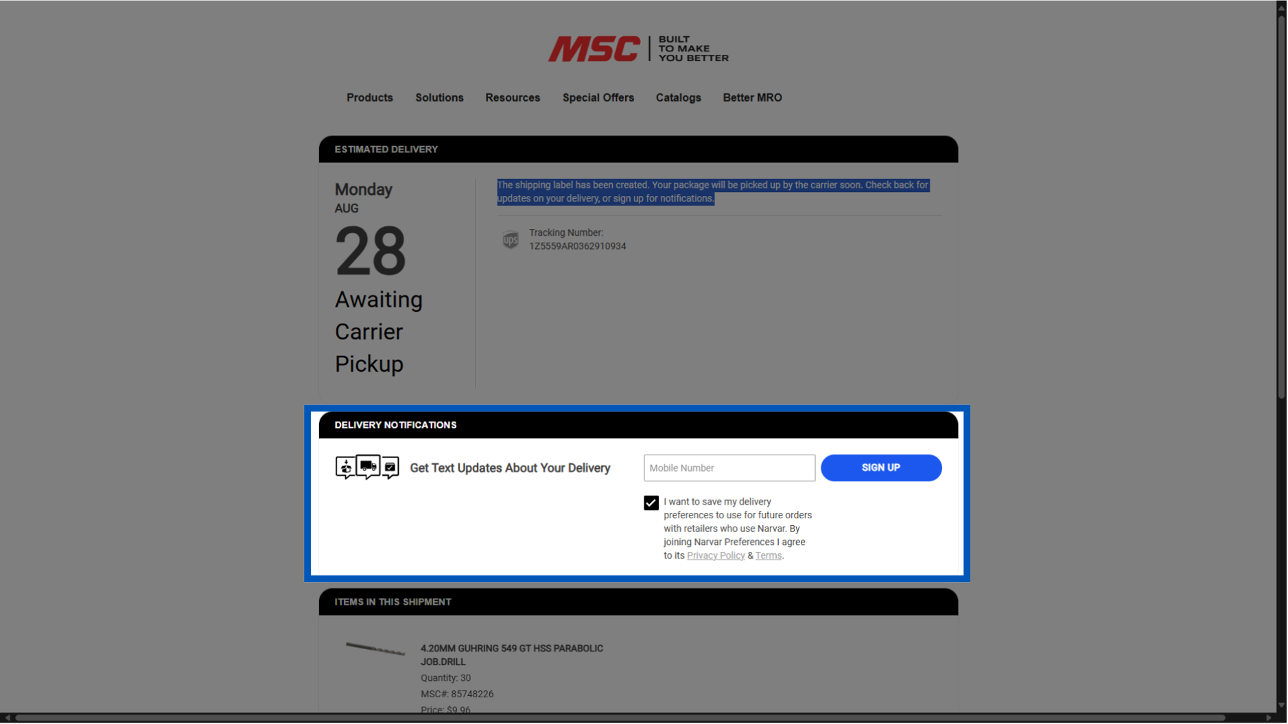 Delivery notification signup form with mobile number field and blue sign up button on MSC Industrial Supply website