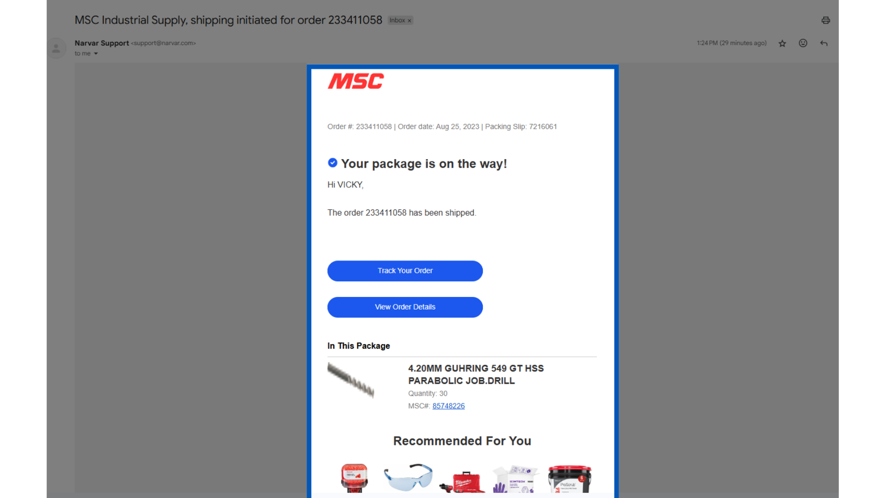 MSC Industrial Supply shipping confirmation email showing order 233411058 has shipped with tracking and order details buttons