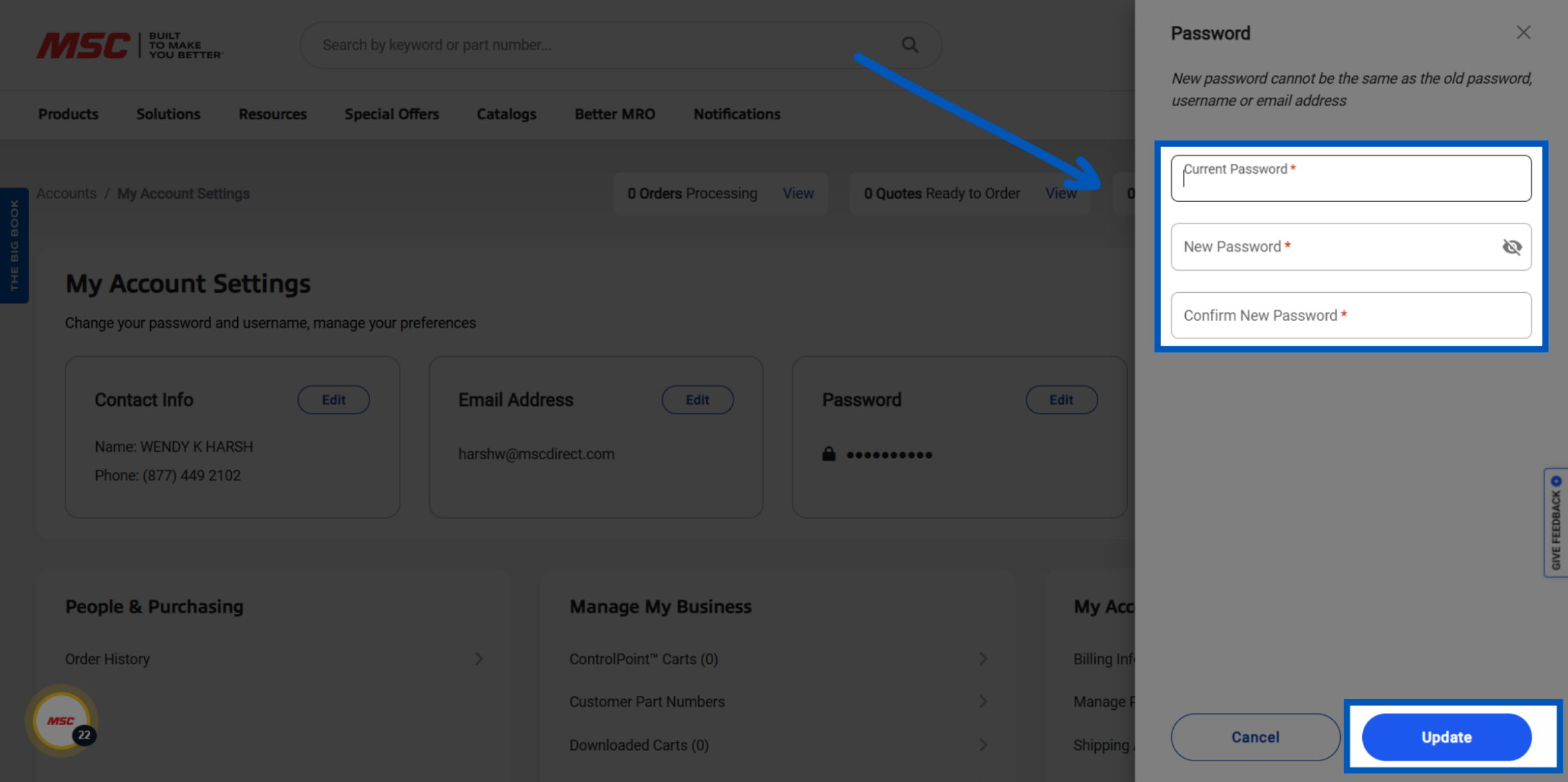 Password change form with three input fields: Current Password, New Password, and Confirm New Password on MSC Direct website.